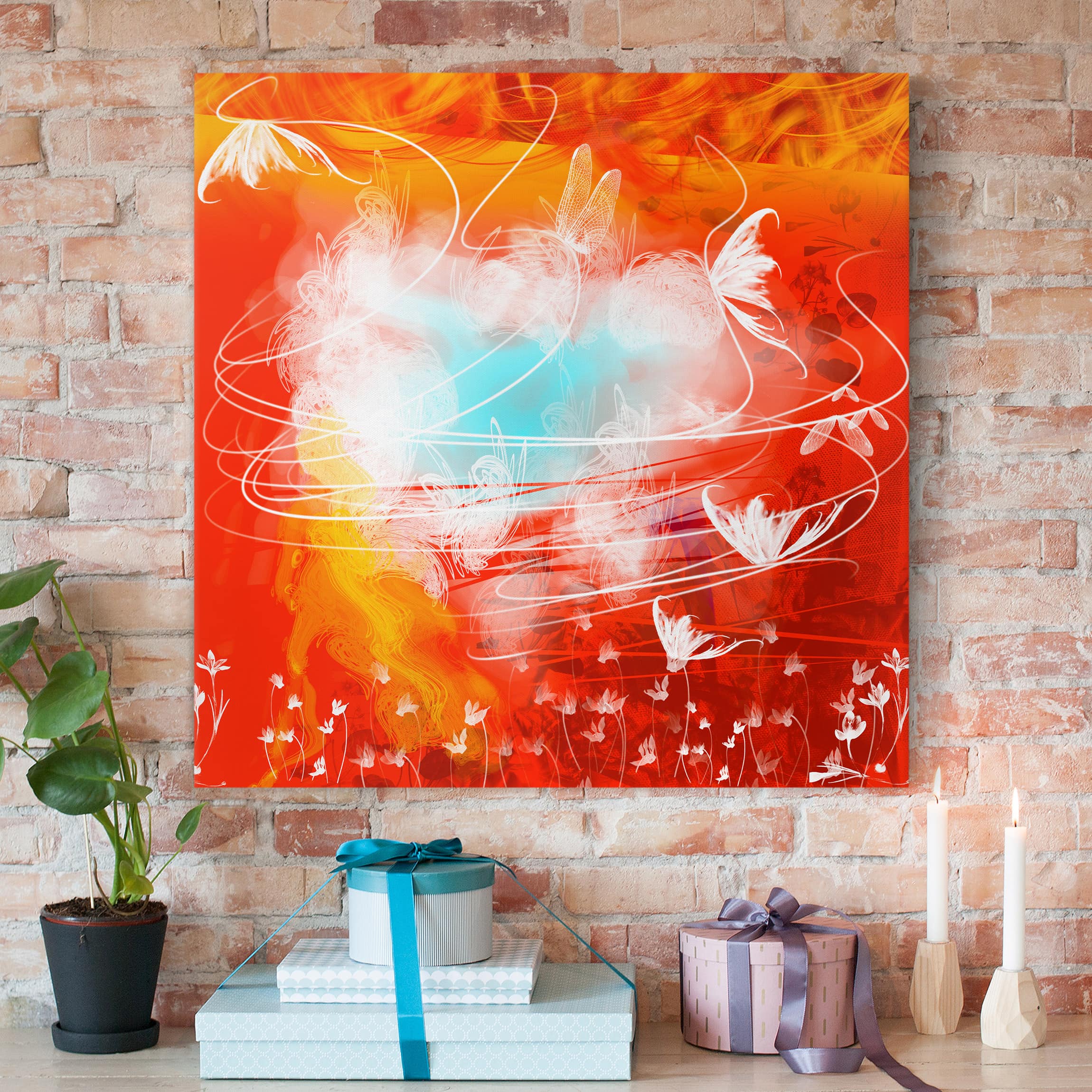 Leinwandbild - Quadrat Red Grunge with Butterflies