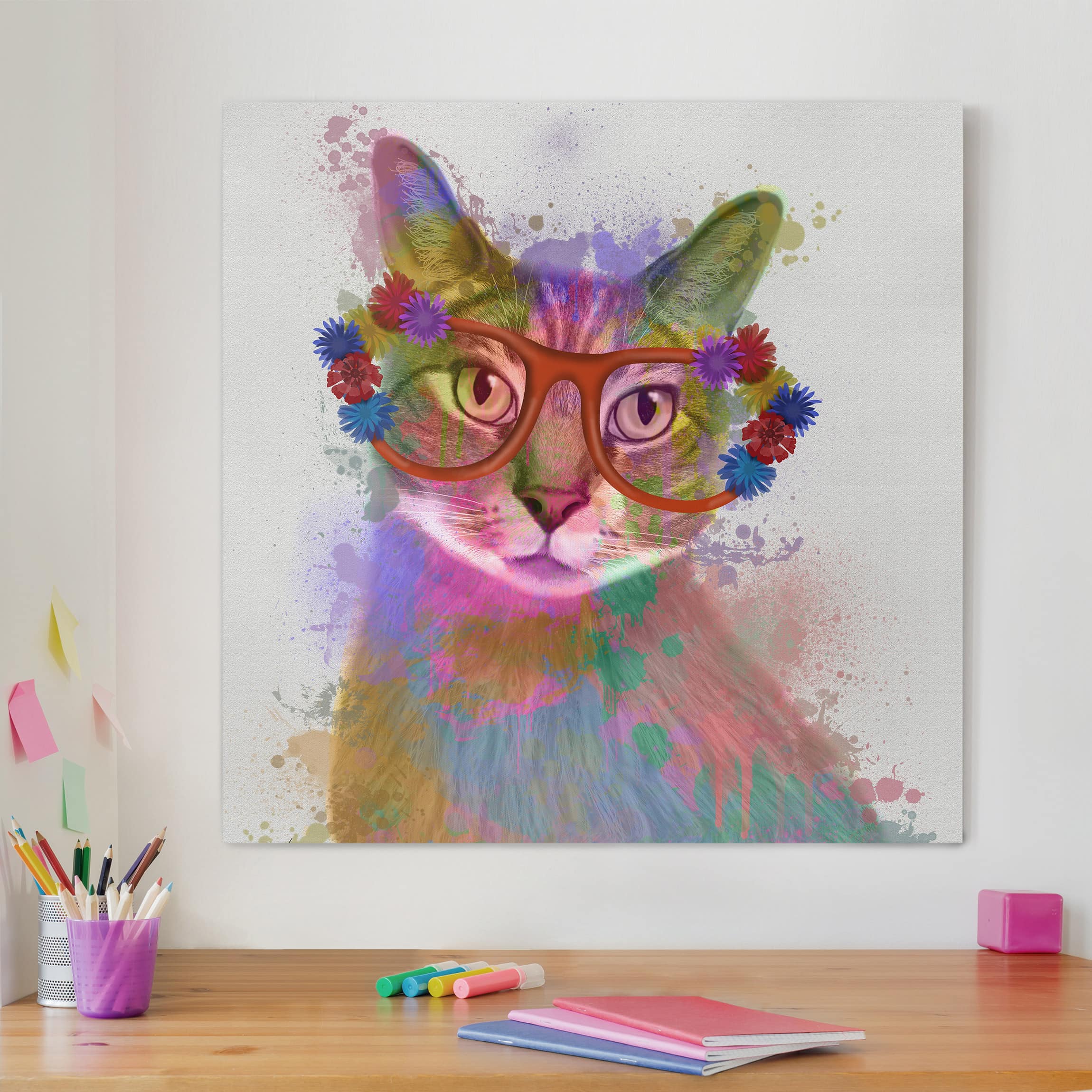 Leinwandbild - Quadrat Regenbogen Splash Katze