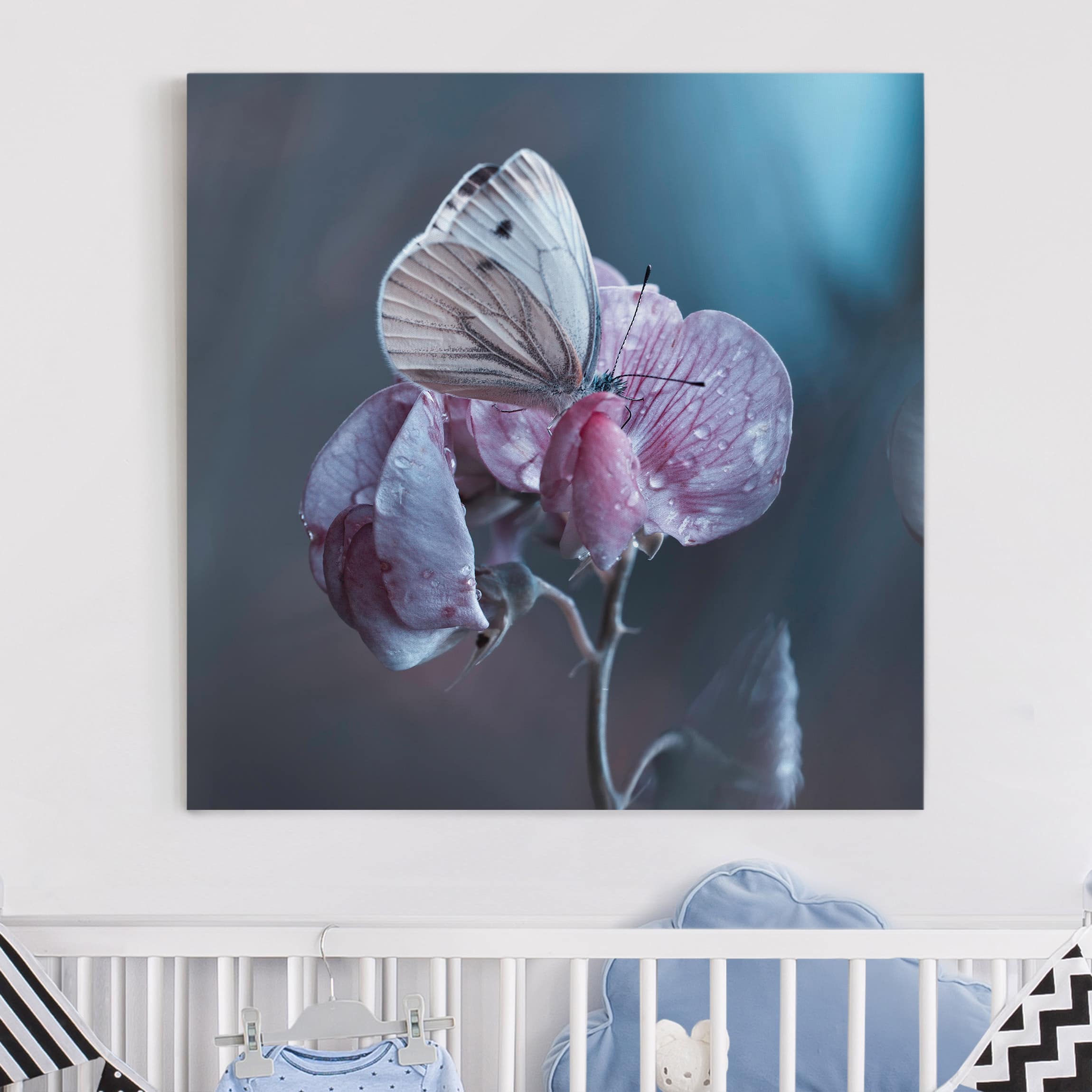 Leinwandbild Blumen Schmetterling im Regen