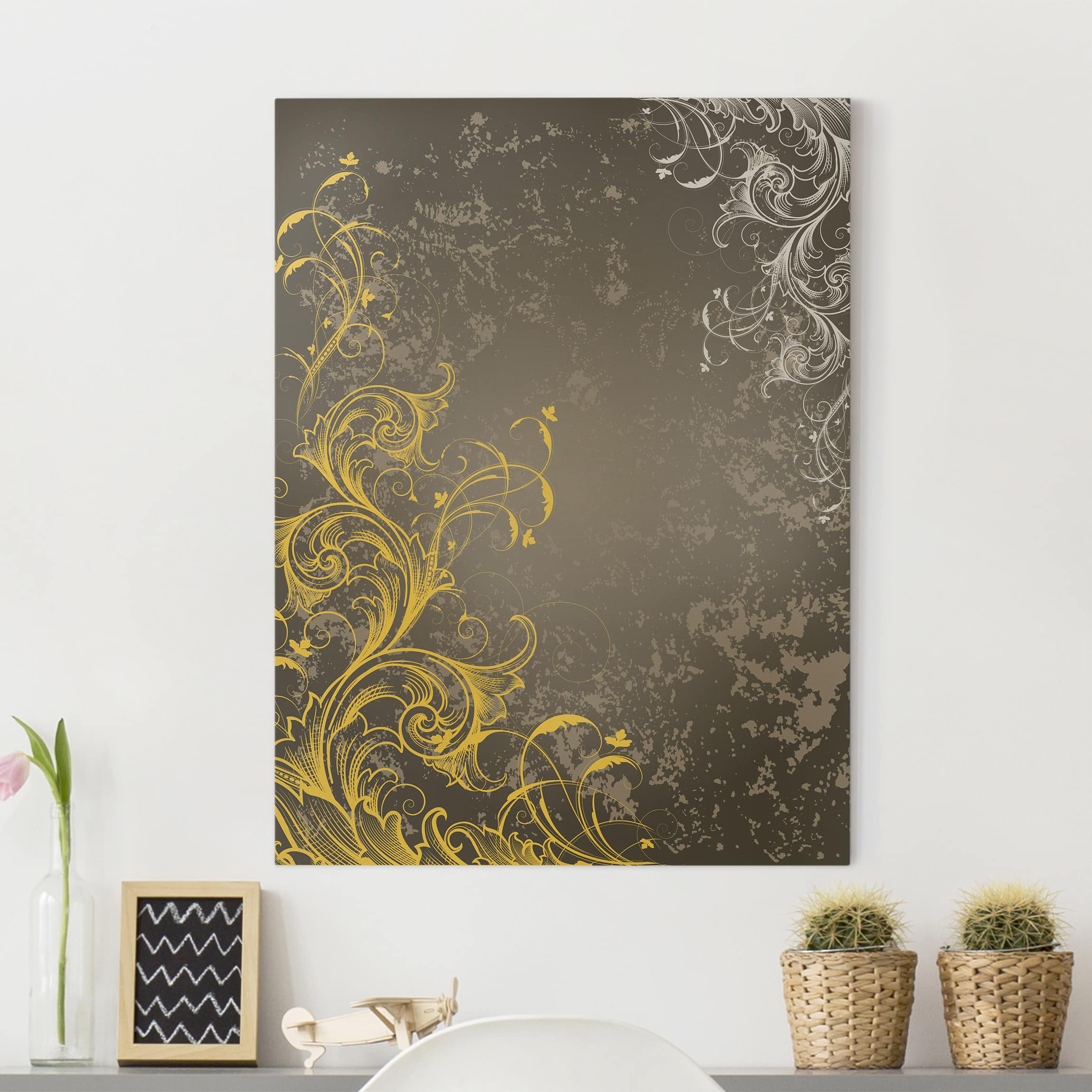 Leinwandbild Muster Schnörkel in Gold und Silber
