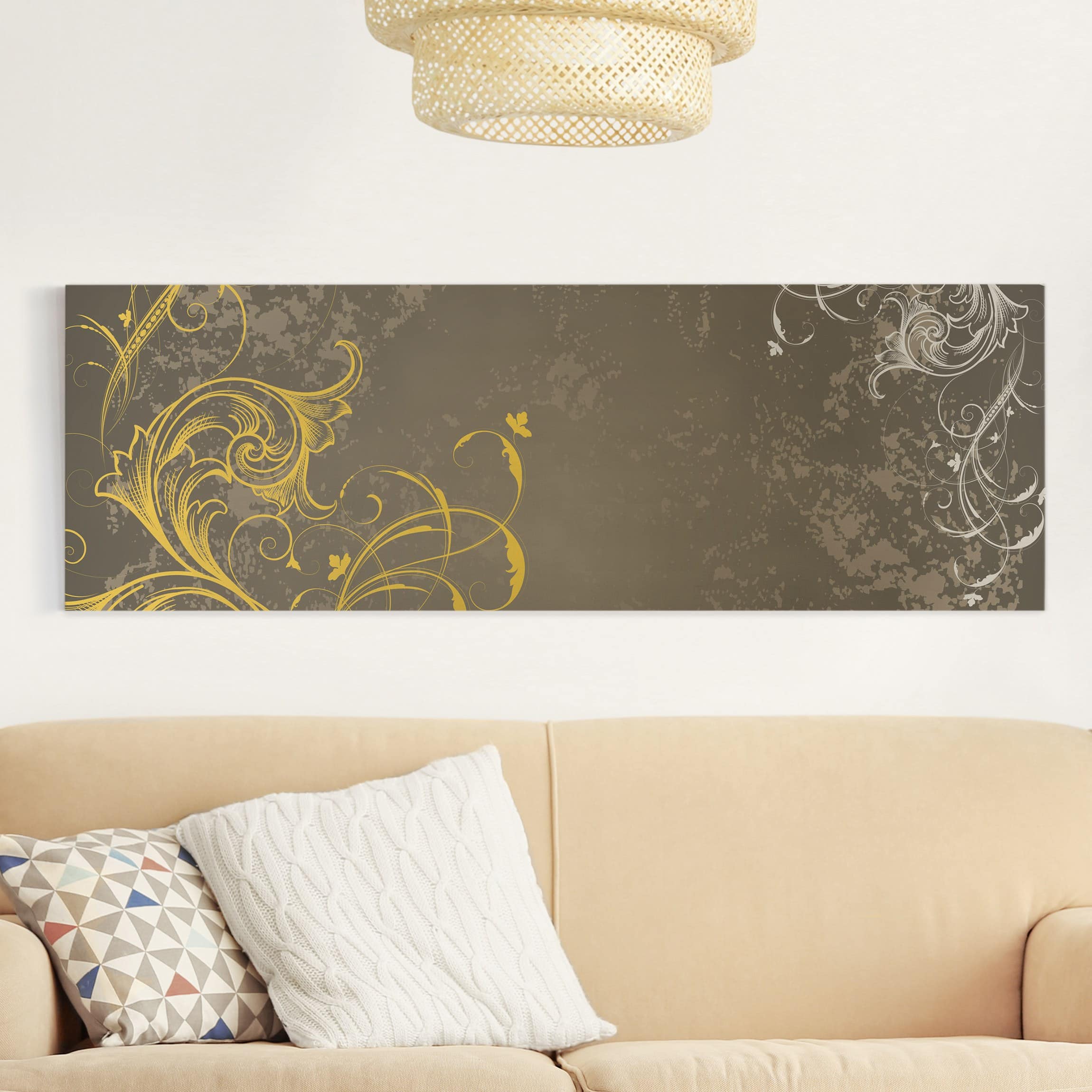 Leinwandbild - Panorama Schnörkel in Gold und Silber