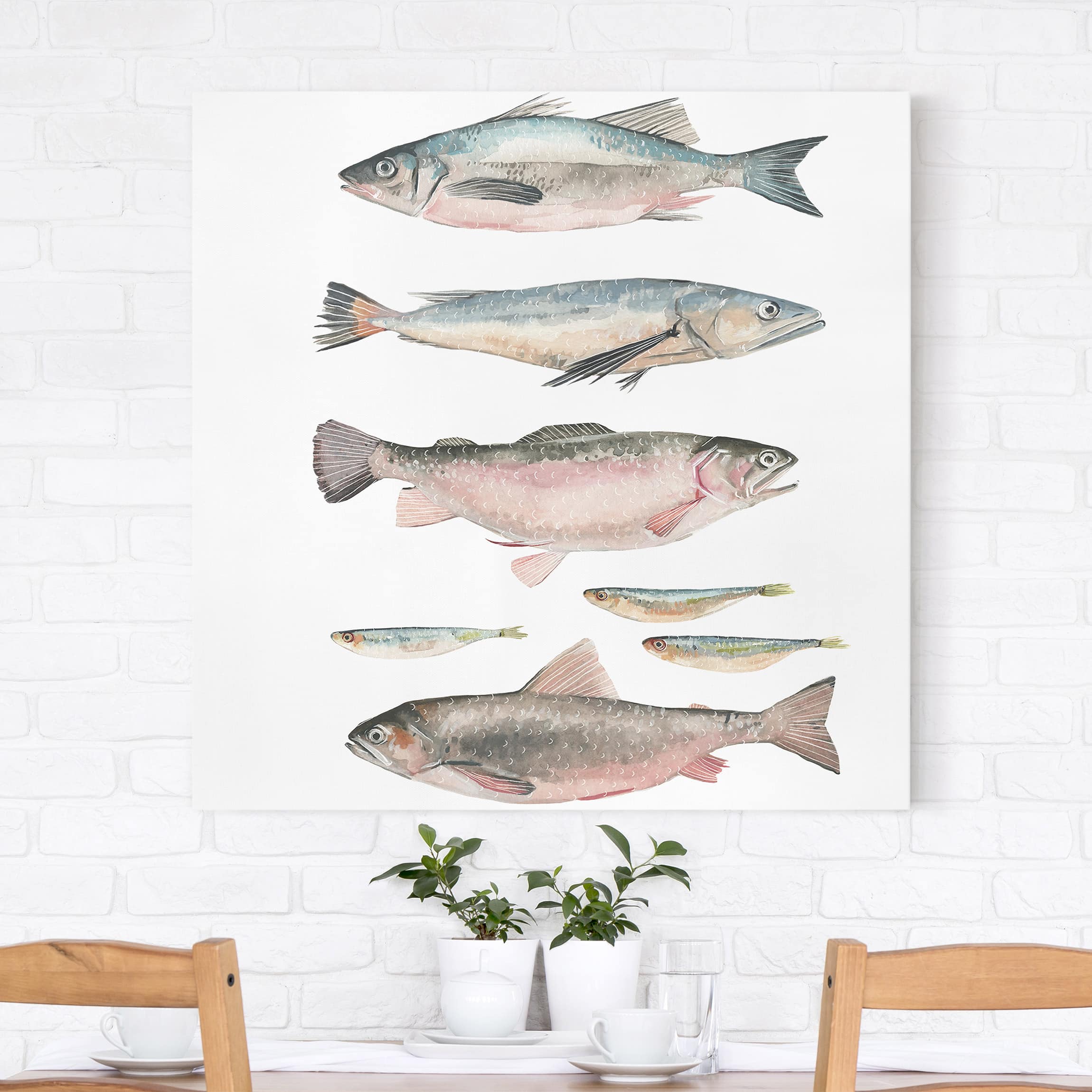 Leinwandbild - Quadrat Sieben Fische in Aquarell I