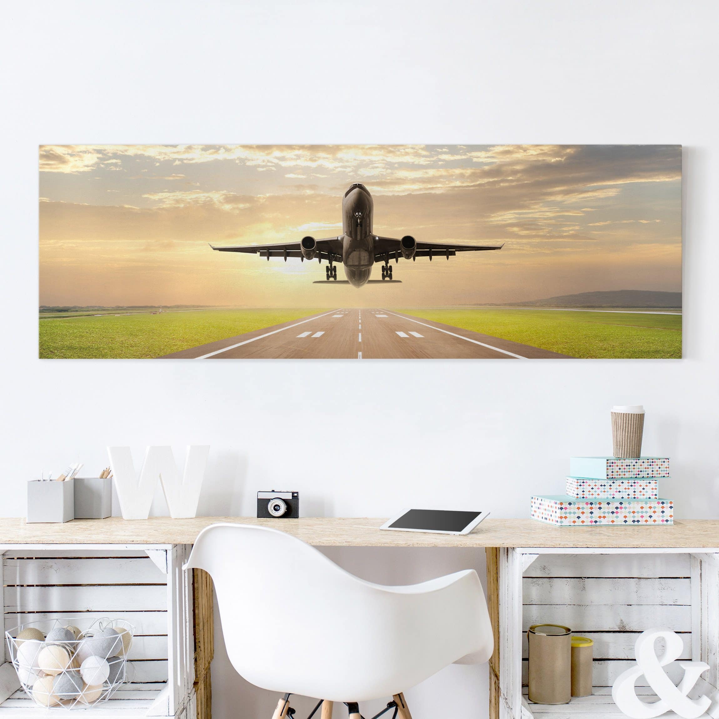 Leinwandbild - Panorama Startendes Flugzeug