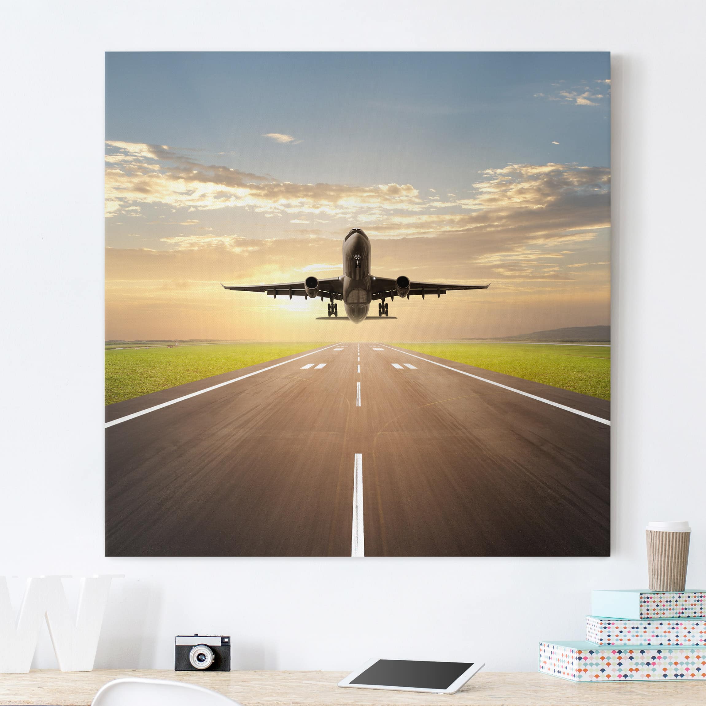 Leinwandbild - Quadrat Startendes Flugzeug