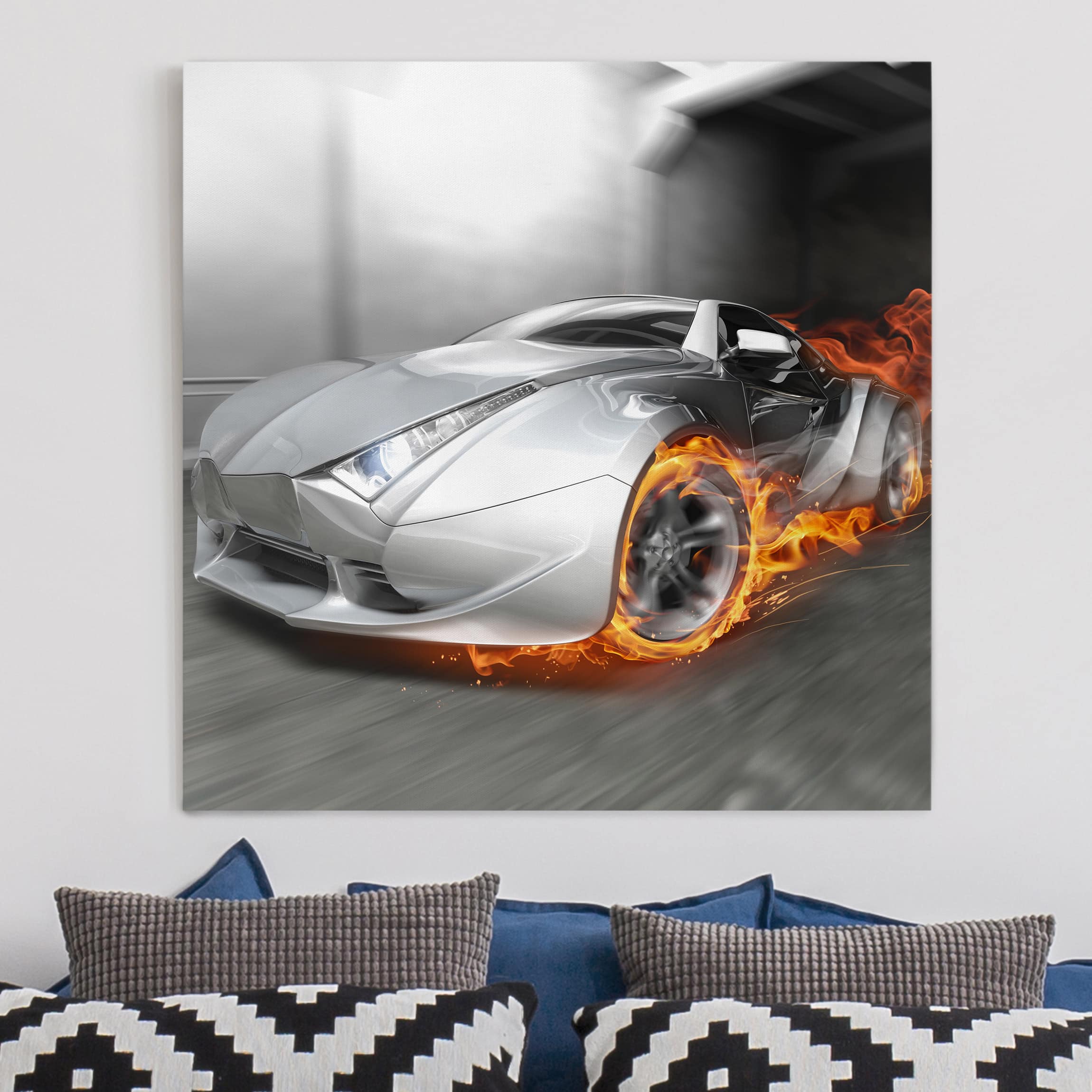 Leinwandbild - Quadrat Supercar in Flammen