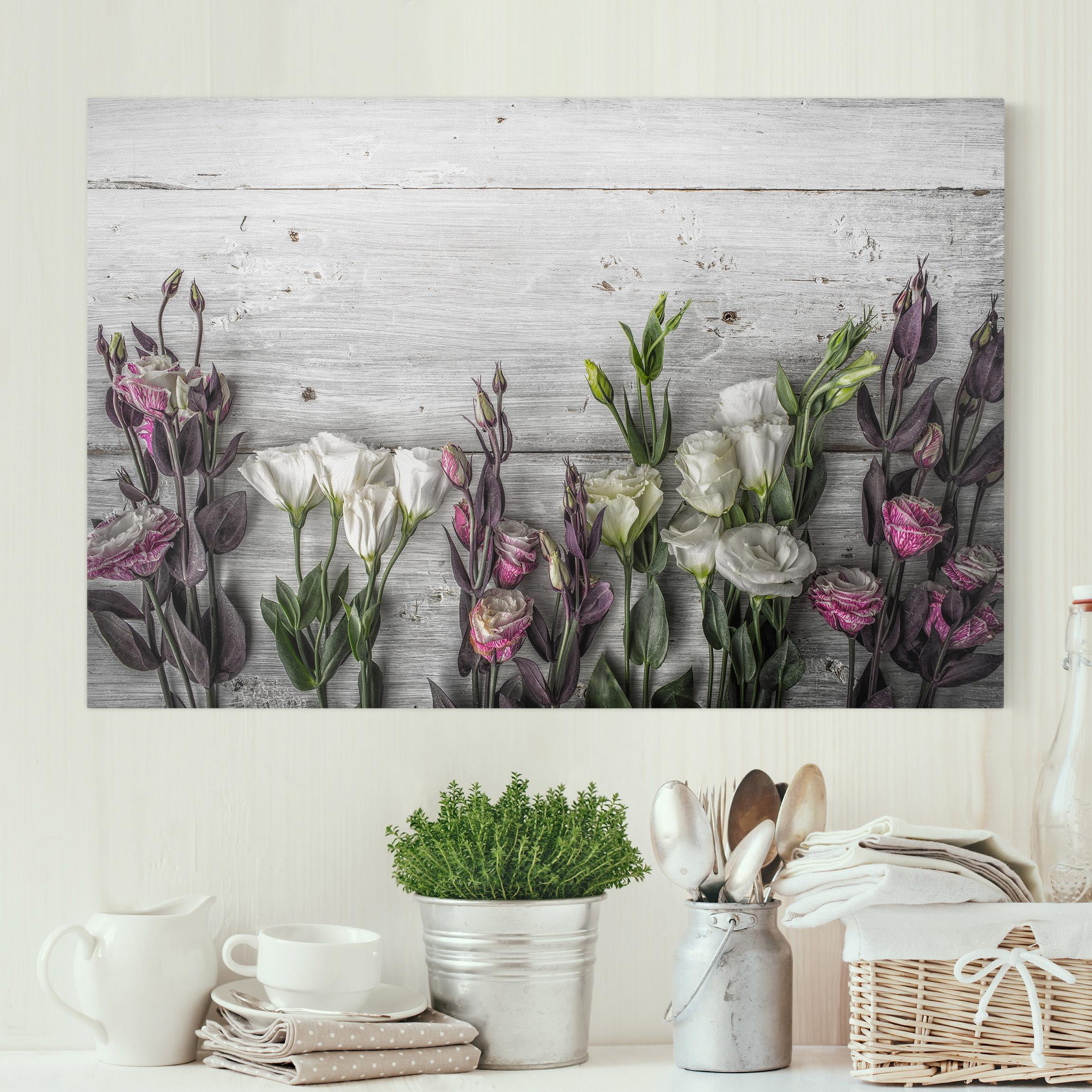 Leinwandbild Blumen Tulpen-Rose Shabby Holzoptik