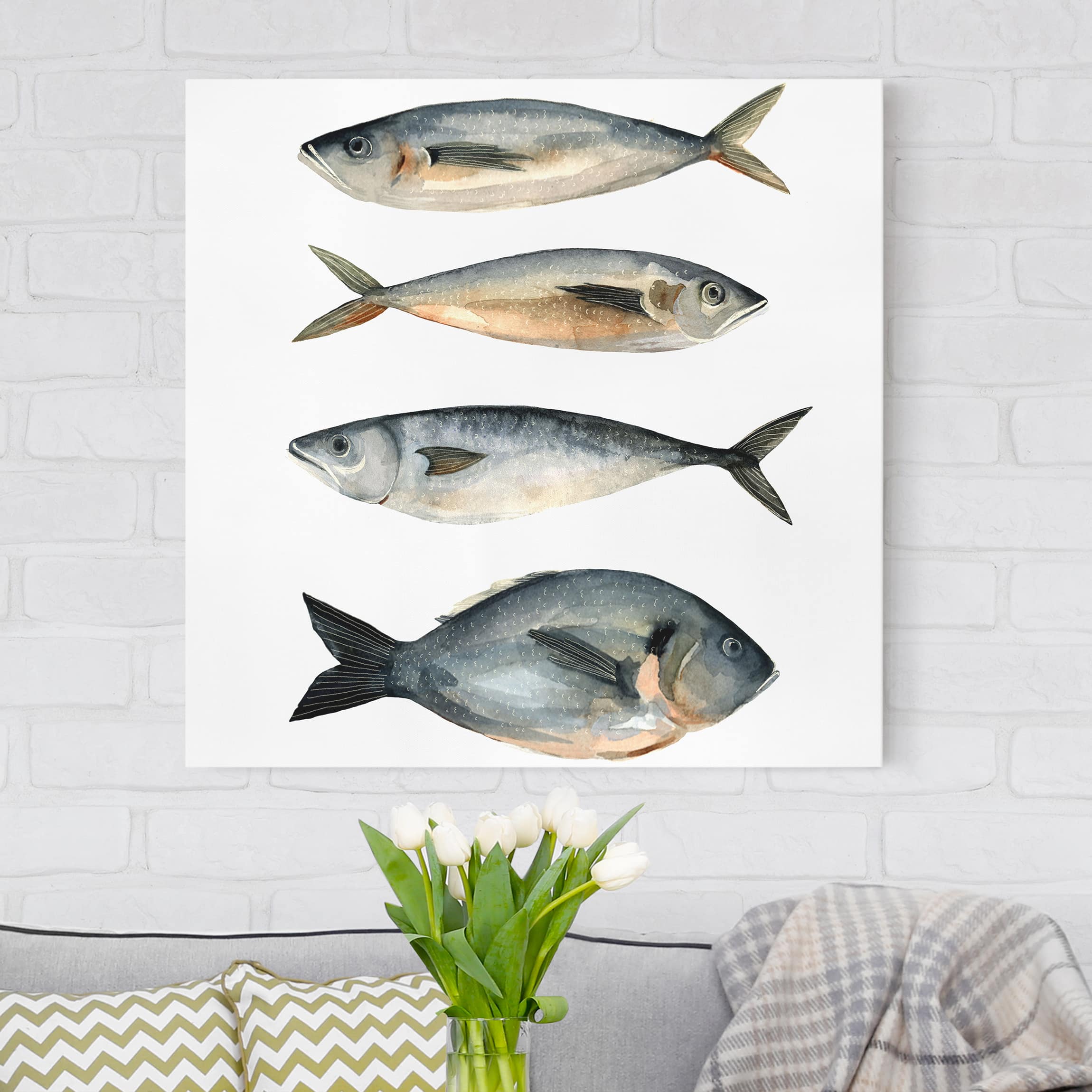 Leinwandbild - Quadrat Vier Fische in Aquarell I