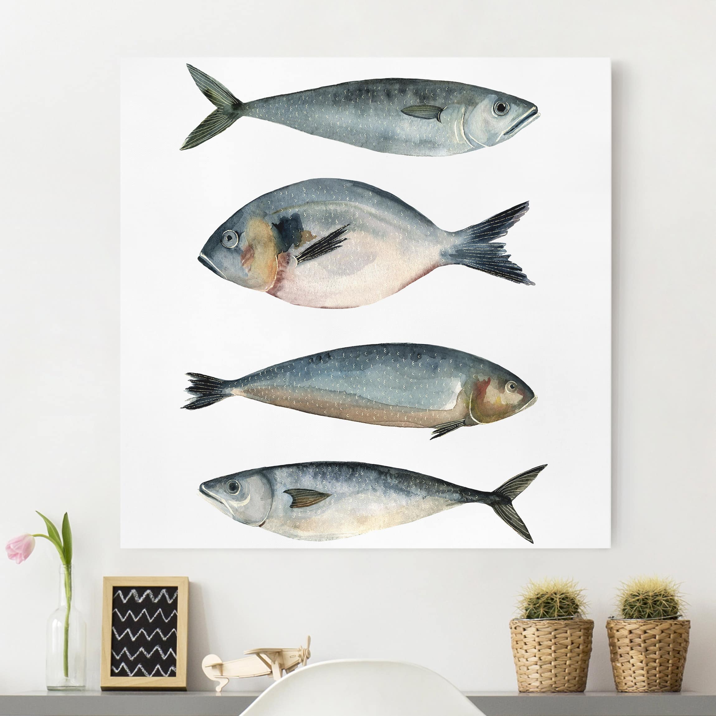 Leinwandbild - Quadrat Vier Fische in Aquarell II