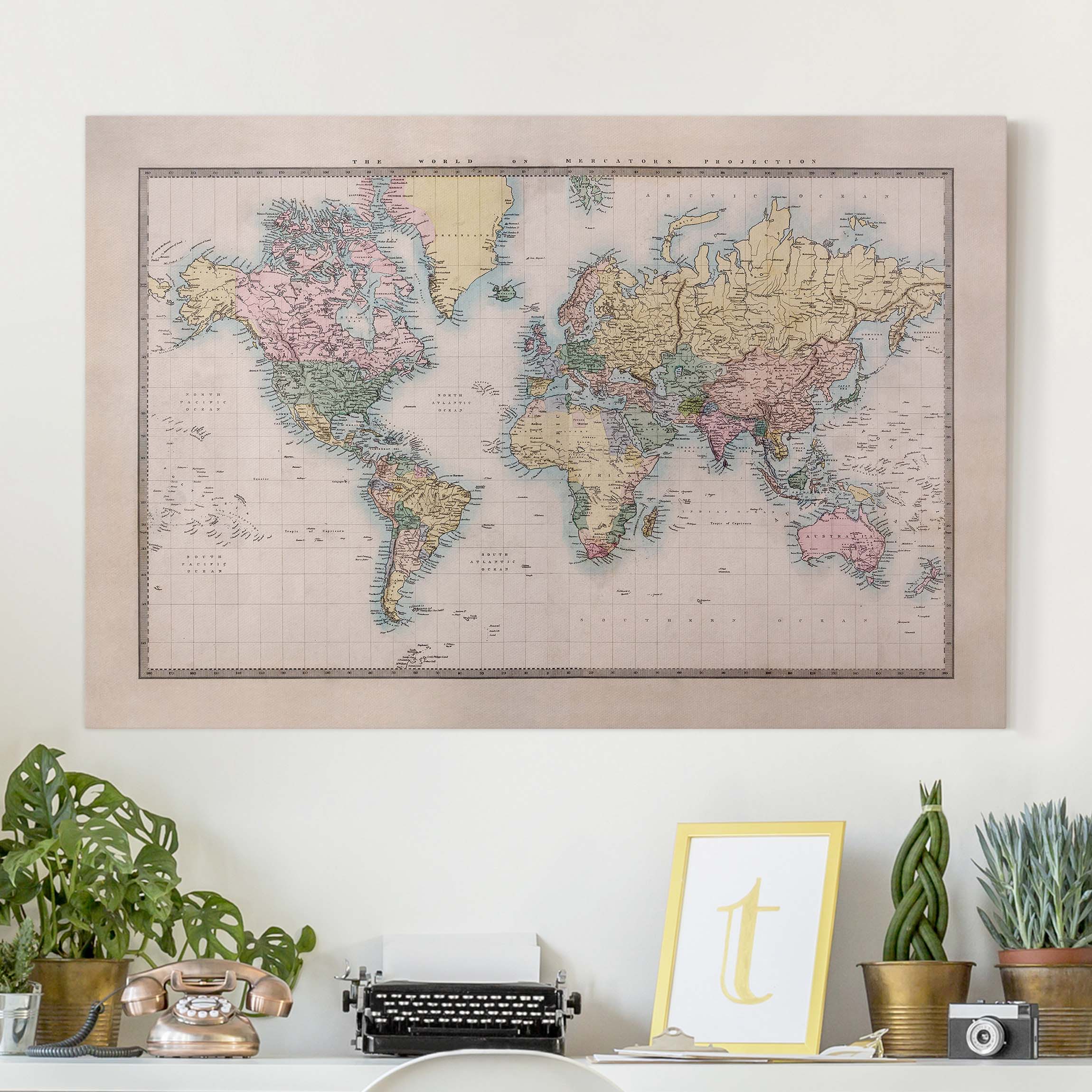 Leinwandbild - Querformat Vintage Weltkarte um 1850