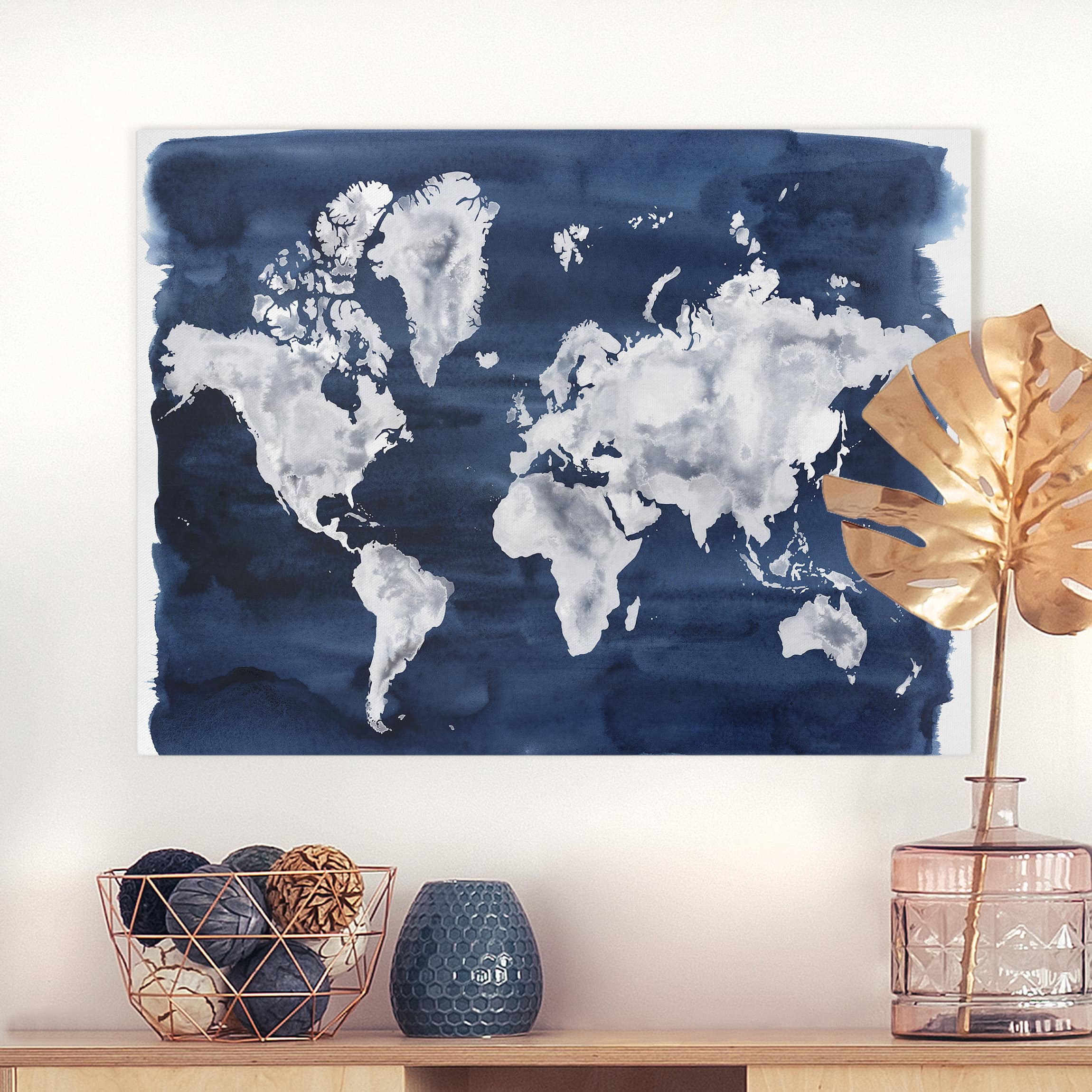 Leinwandbild - Querformat Wasser-Weltkarte dunkel