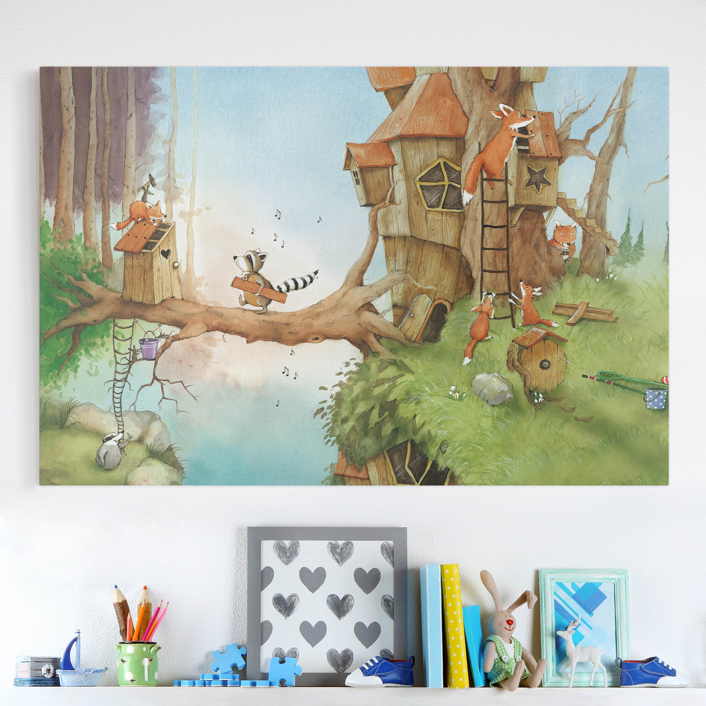 Leinwandbild Kinderzimmer Wassili Waschbär - Wassili und Familie Fuchs