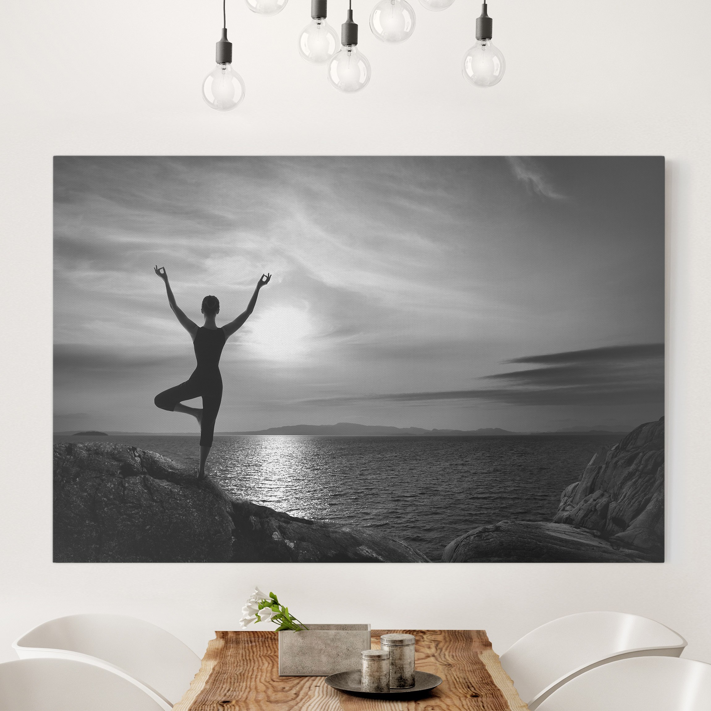 Leinwandbild - Querformat Yoga schwarz weiss