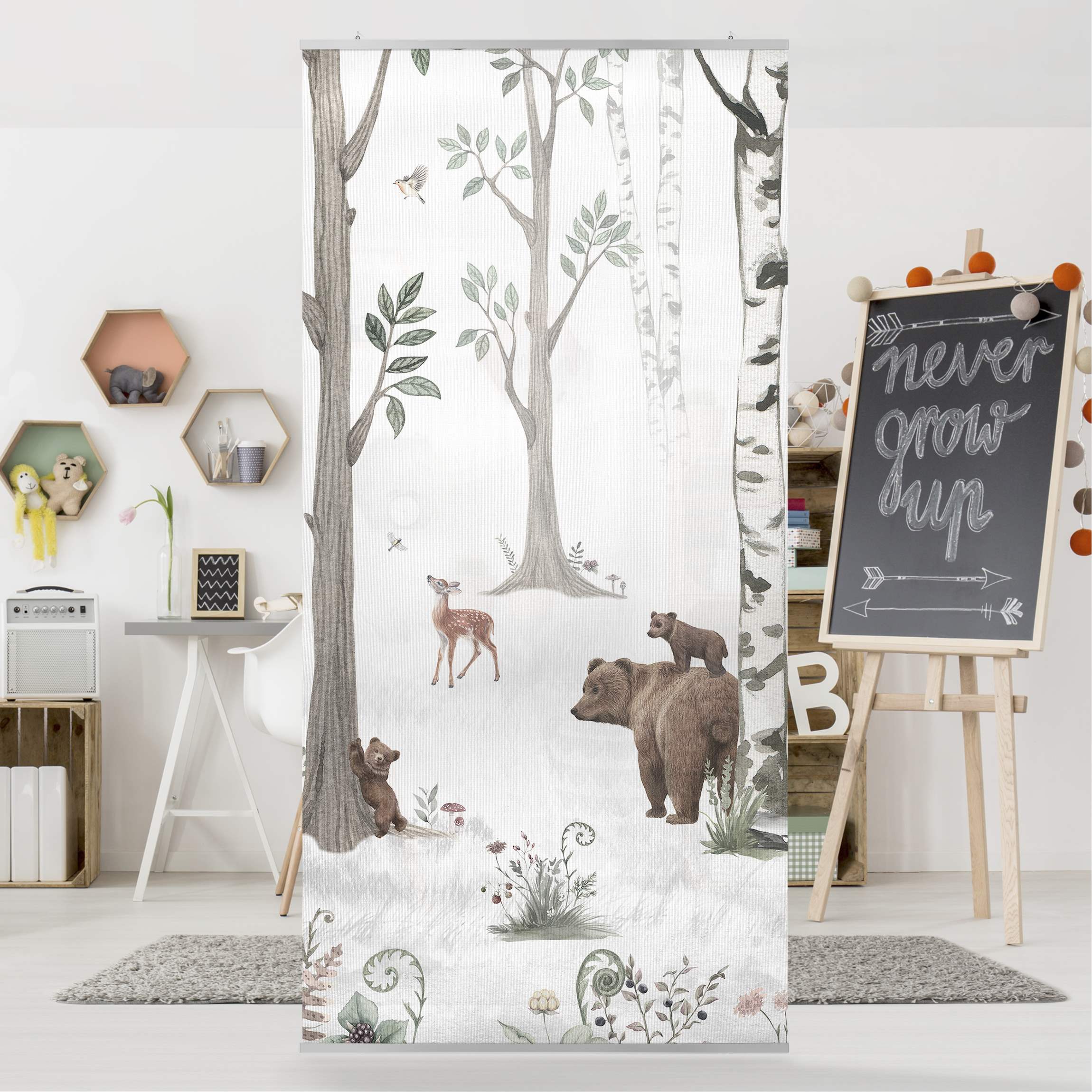 Raumteiler Leiser weißer Wald mit Tieren