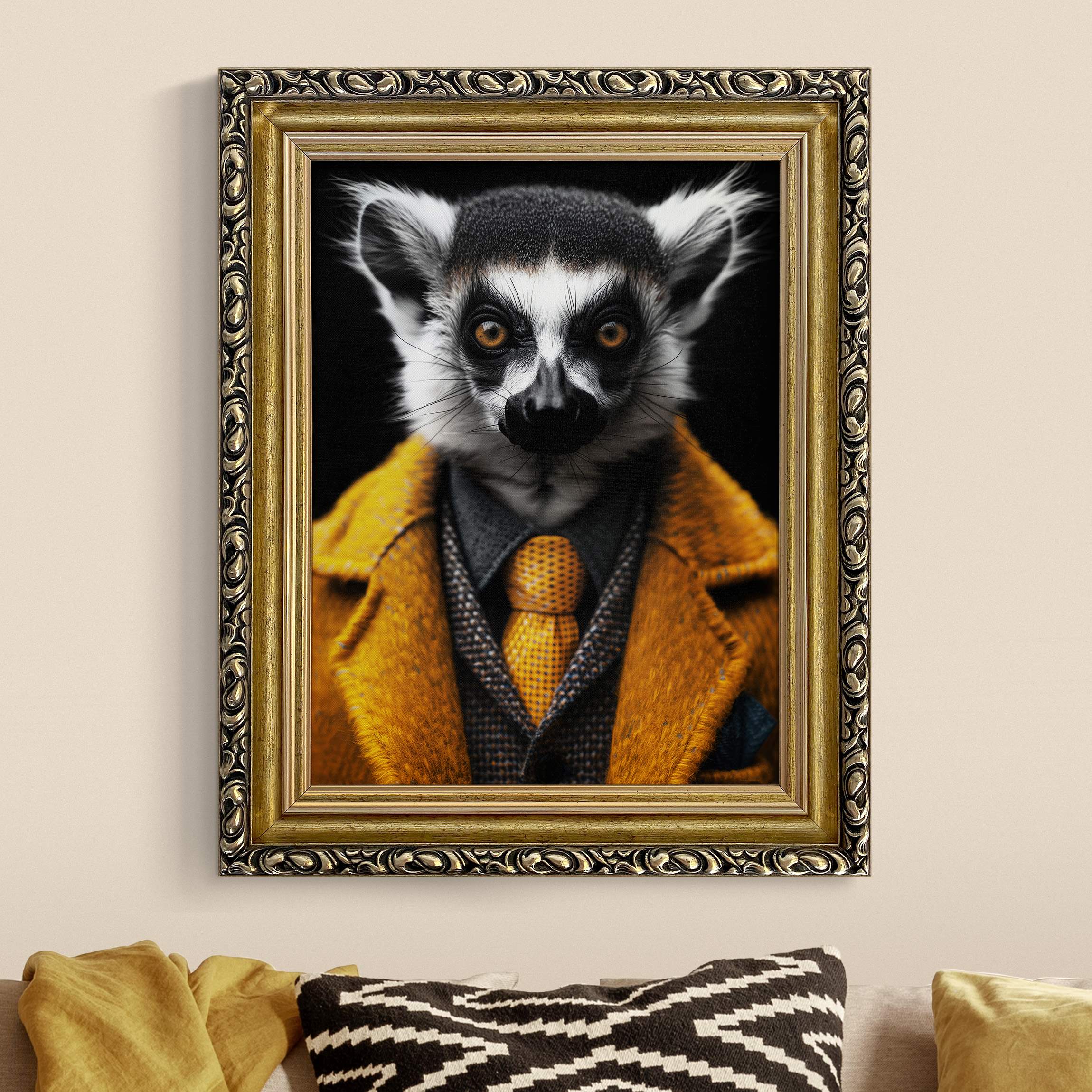 Leinwandbild in Barockrahmen Lemur im Anzug