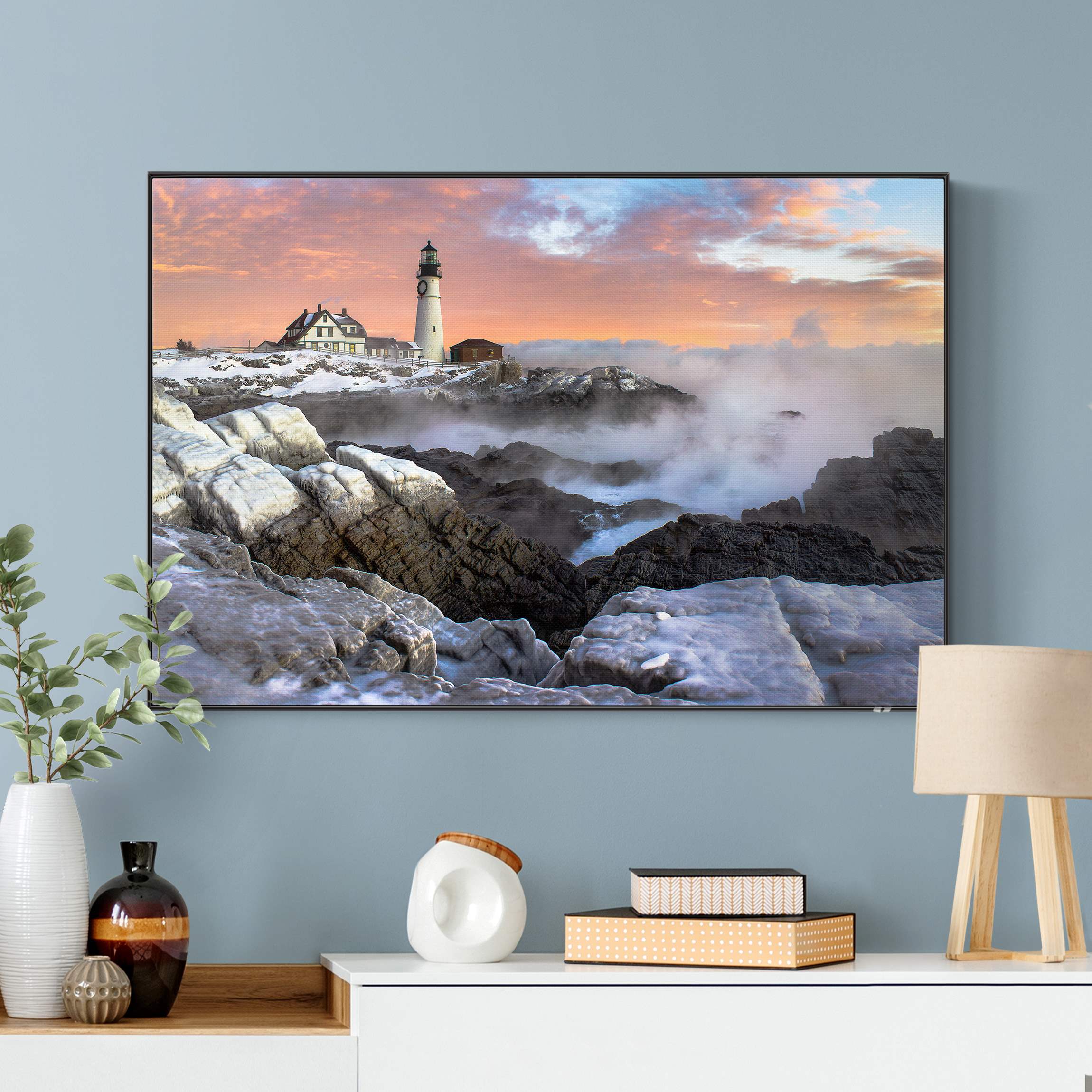 Akustik-Wechselbild Leuchtturm im Eis