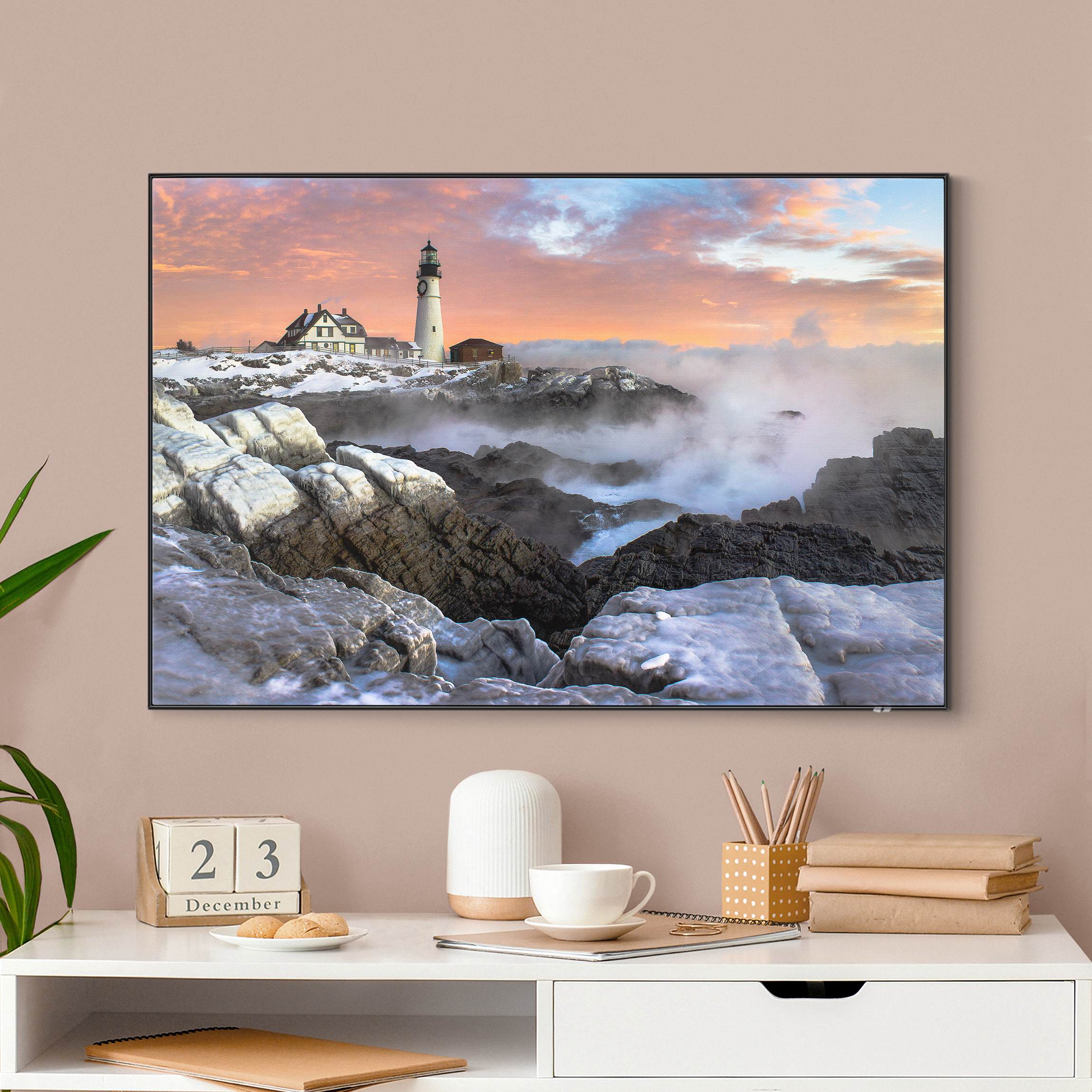 Wechselbild Leuchtturm im Eis