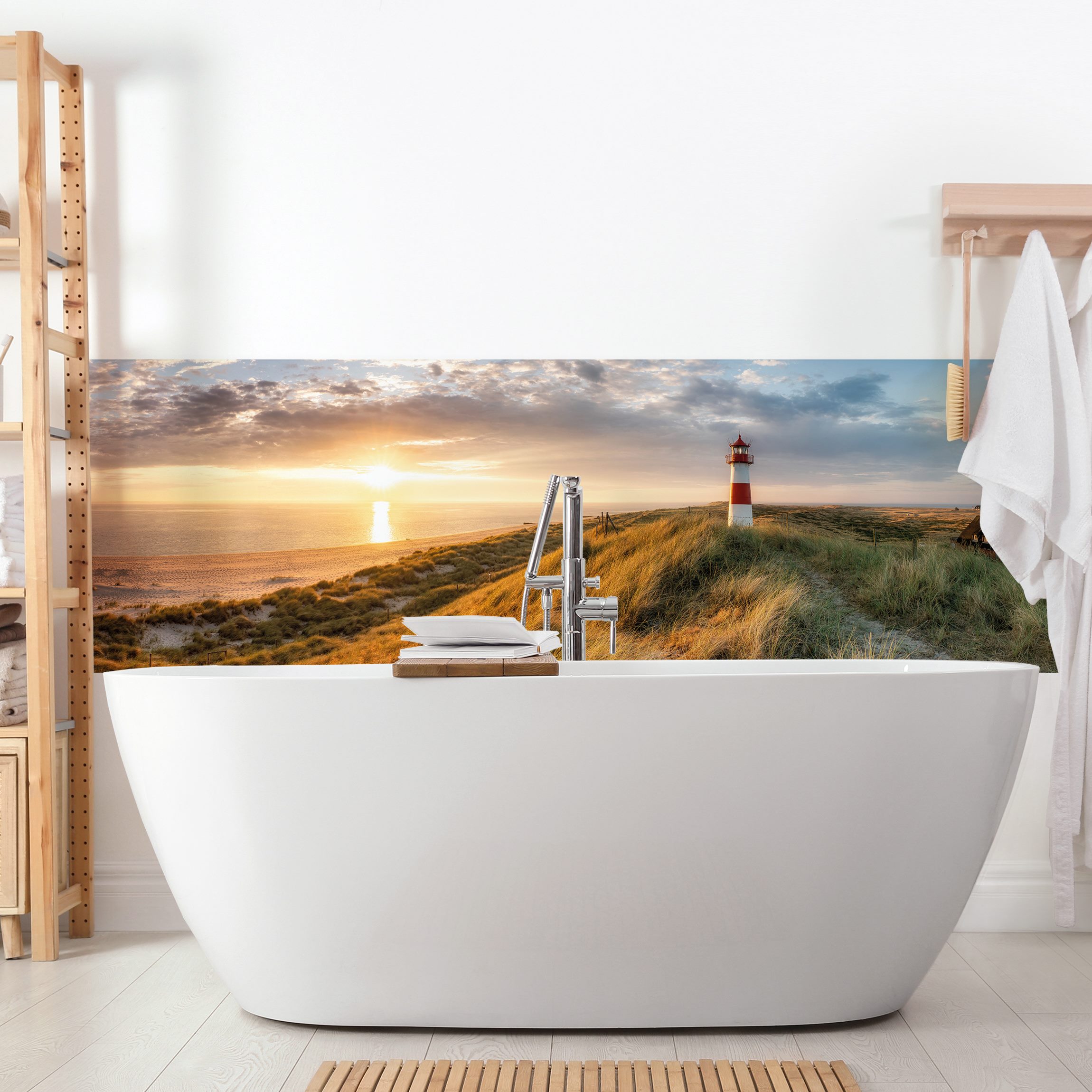 Wandverkleidung Bad Leuchtturm List Ost Panorama bei Sonnenaufgang