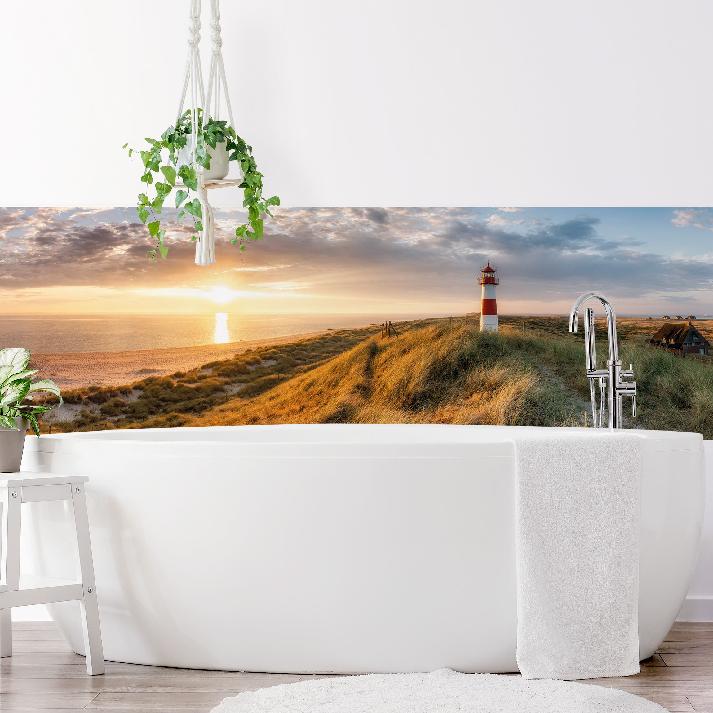 Wandverkleidung Bad Leuchtturm List Ost Panorama bei Sonnenaufgang