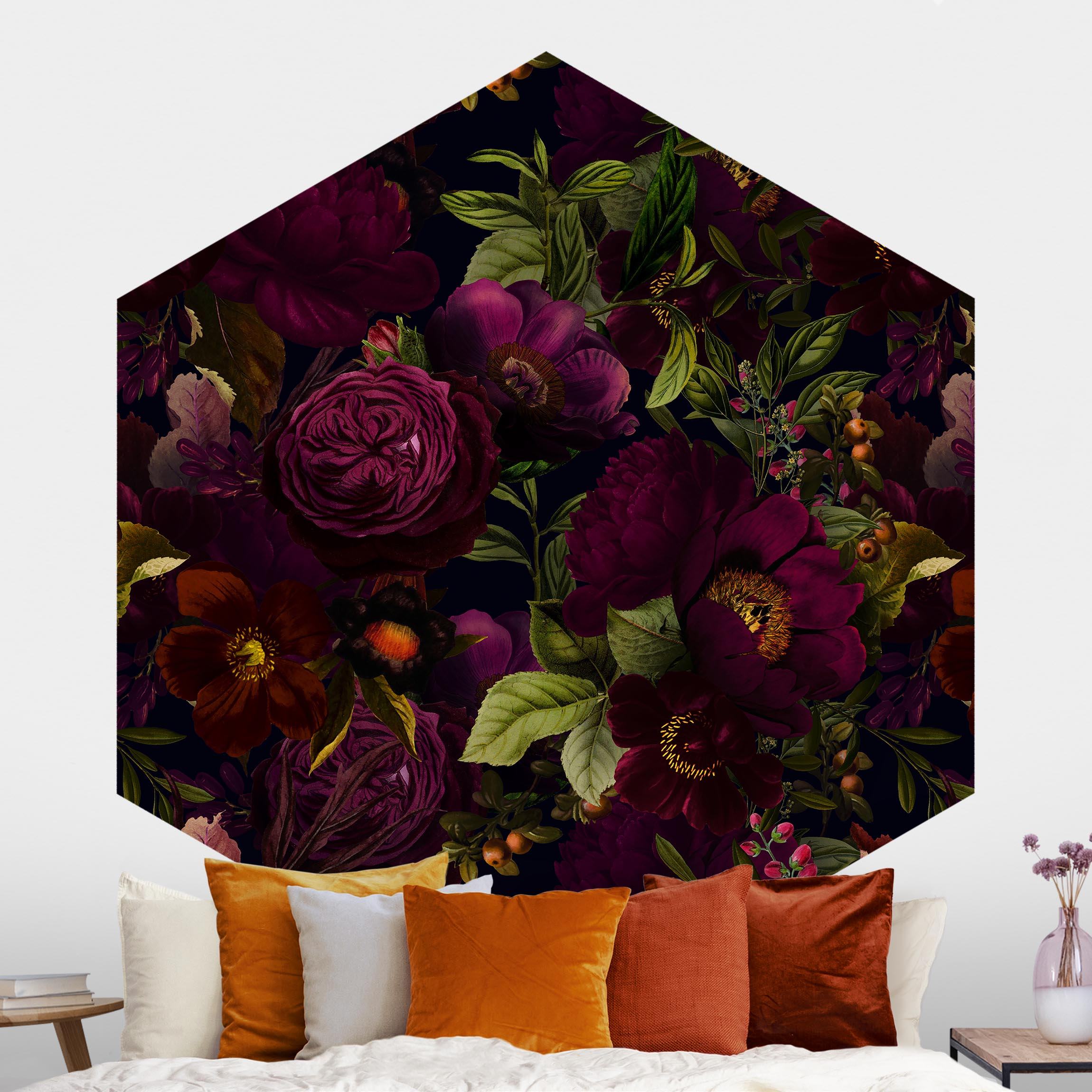 Hexagon Mustertapete Lila Blüten Dunkel