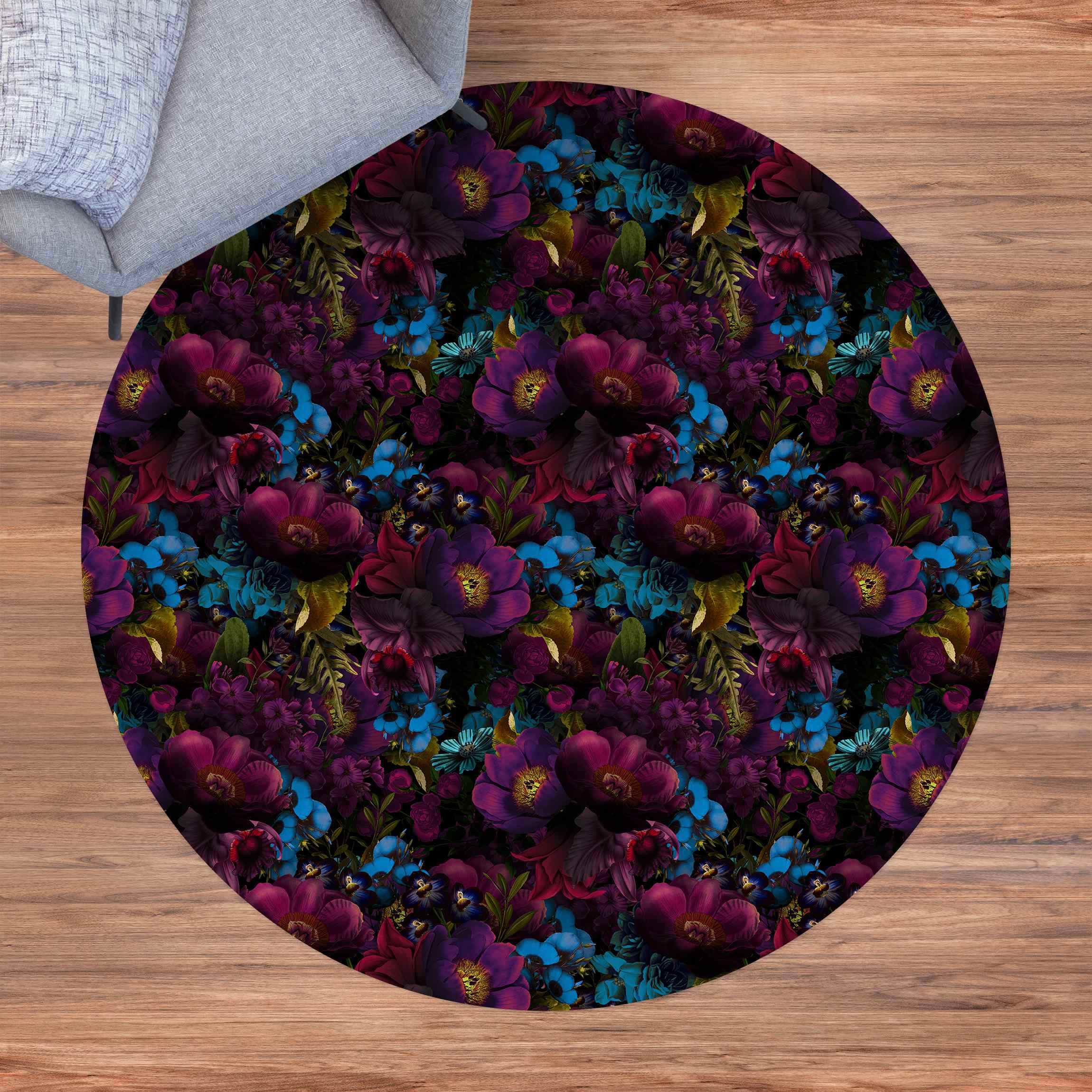 Runder Vinyl-Teppich Lila Blüten mit Blauen Blumen