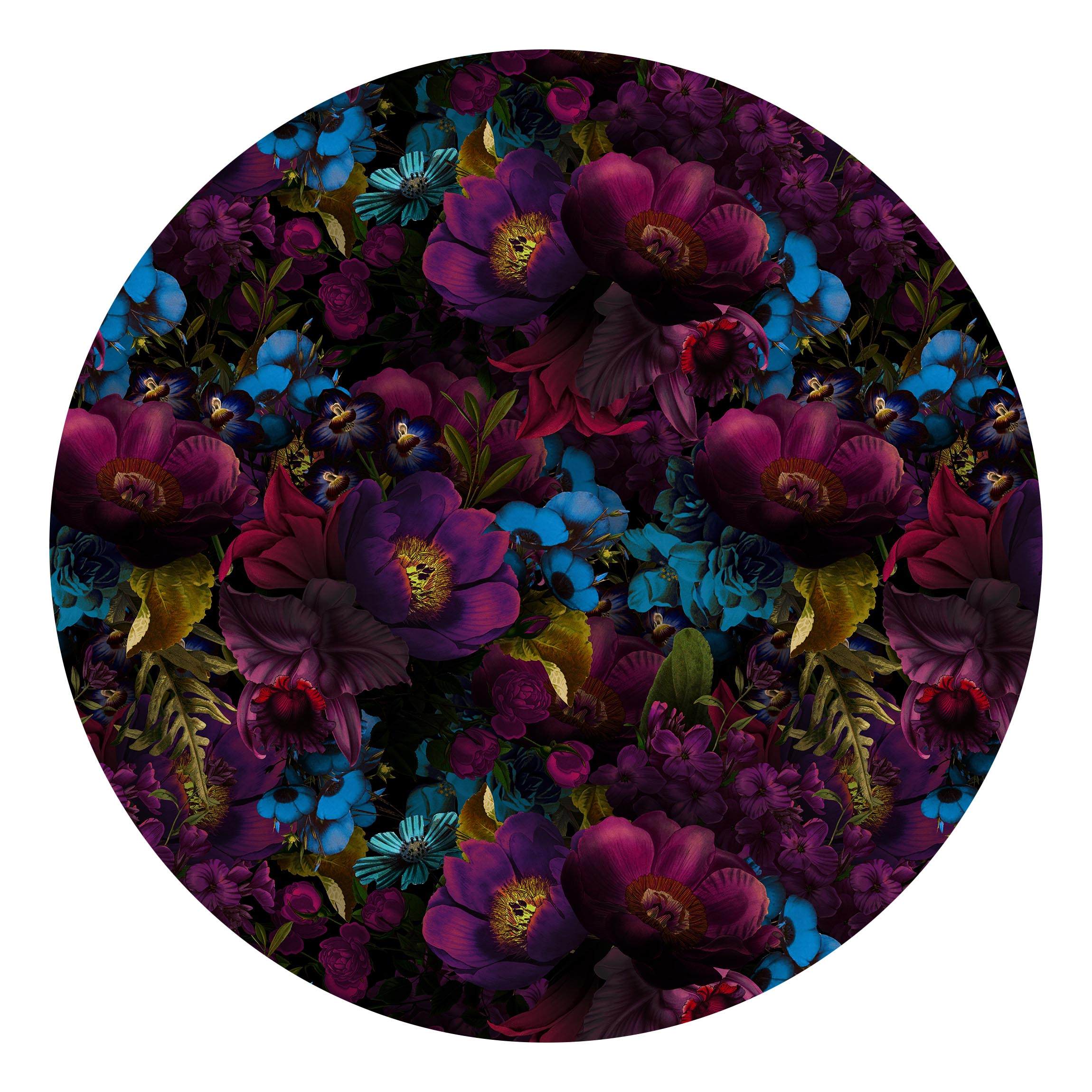 Runde Mustertapete Lila Blüten mit Blauen Blumen