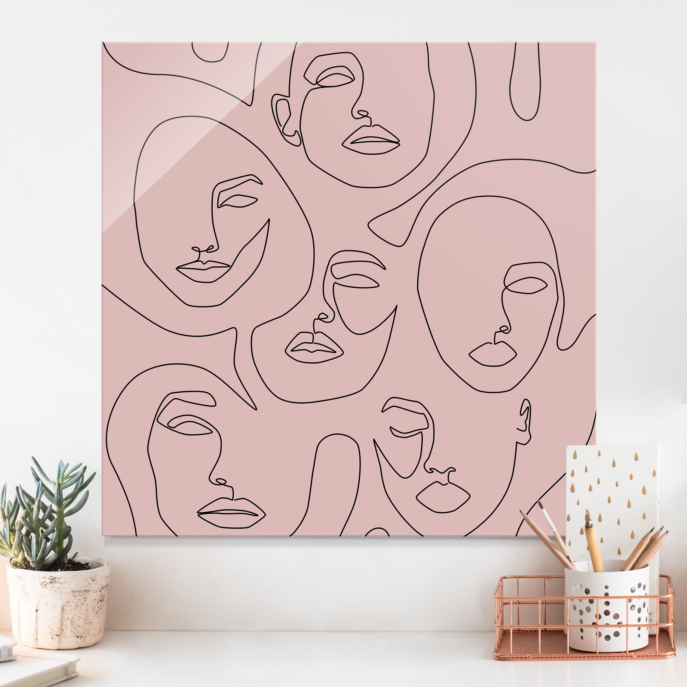 Glasbild Line Art - Beauty Portraits in Blush Rose