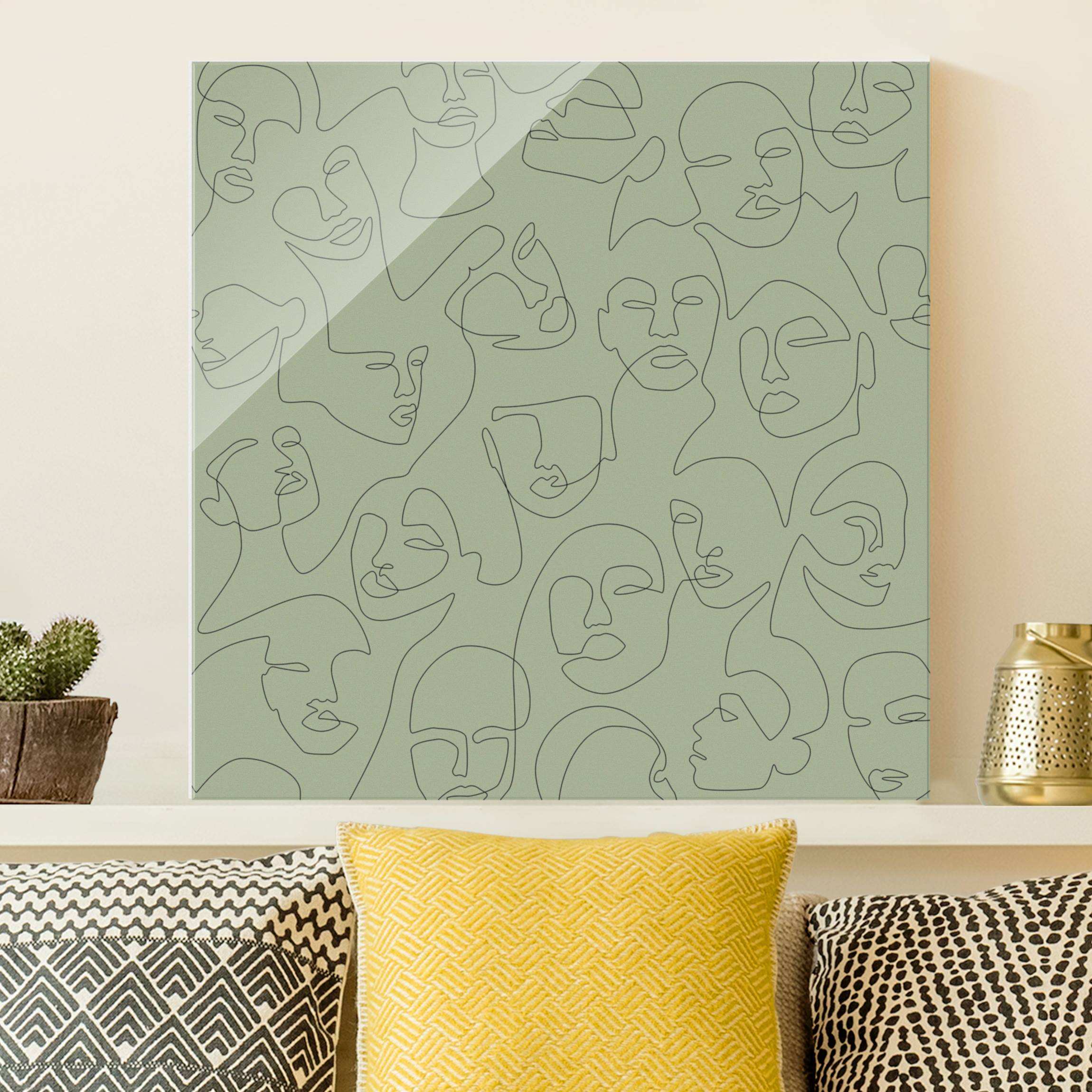 Glasbild Line Art - Beauty Portraits in Grün