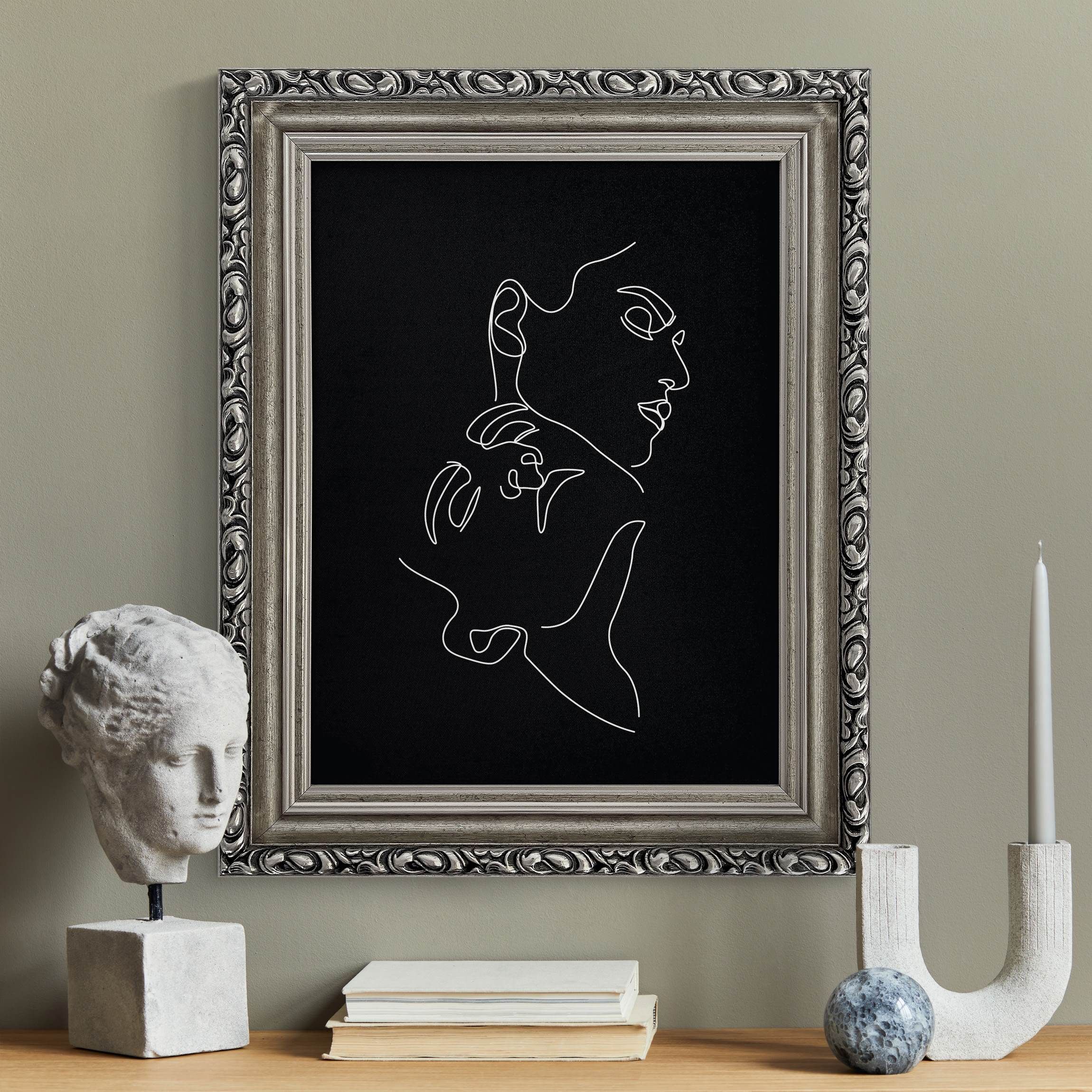 Leinwandbild in Barockrahmen Line Art Frauen Gesichter Schwarz