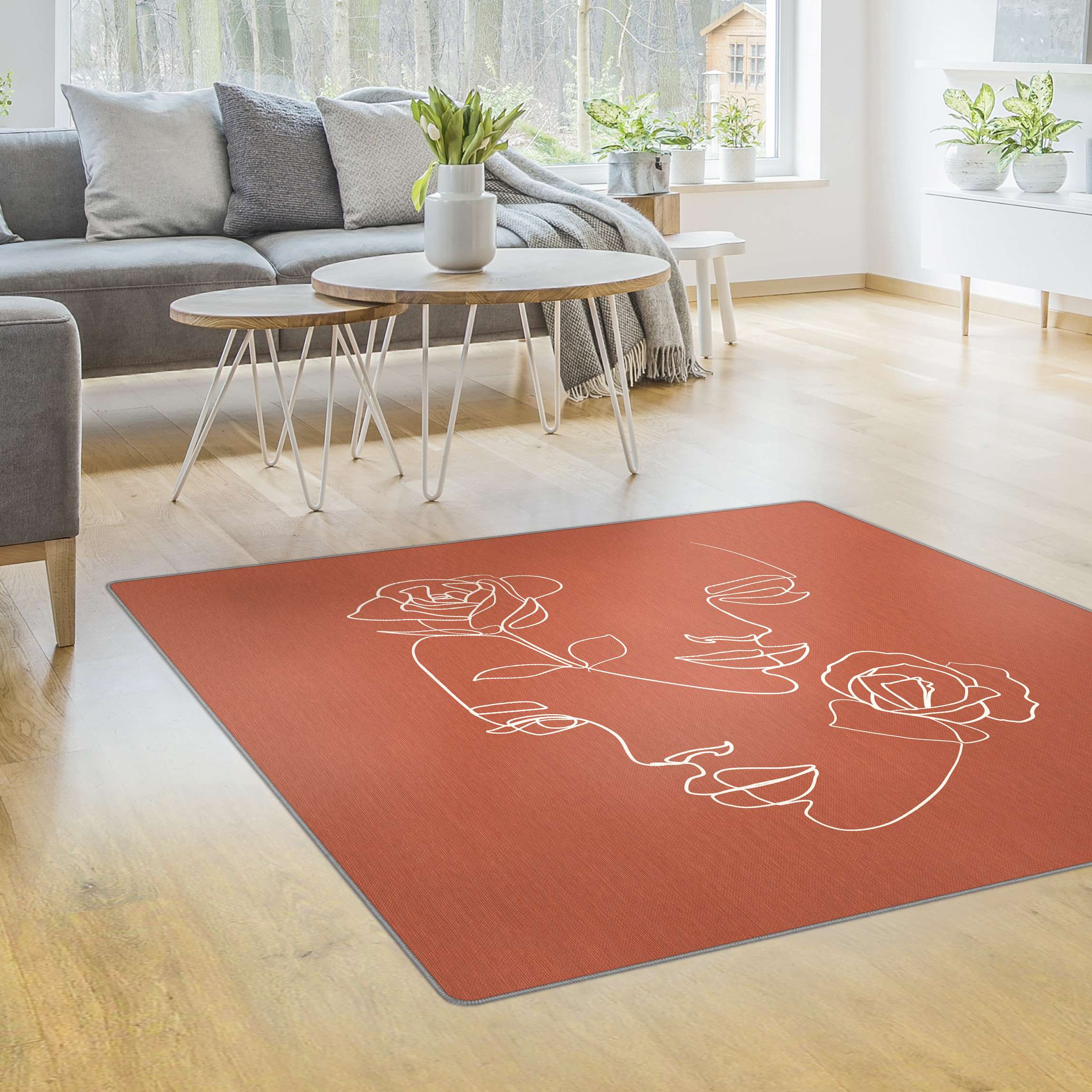 Teppich Line Art Gesichter Frauen Rosen Kupfer