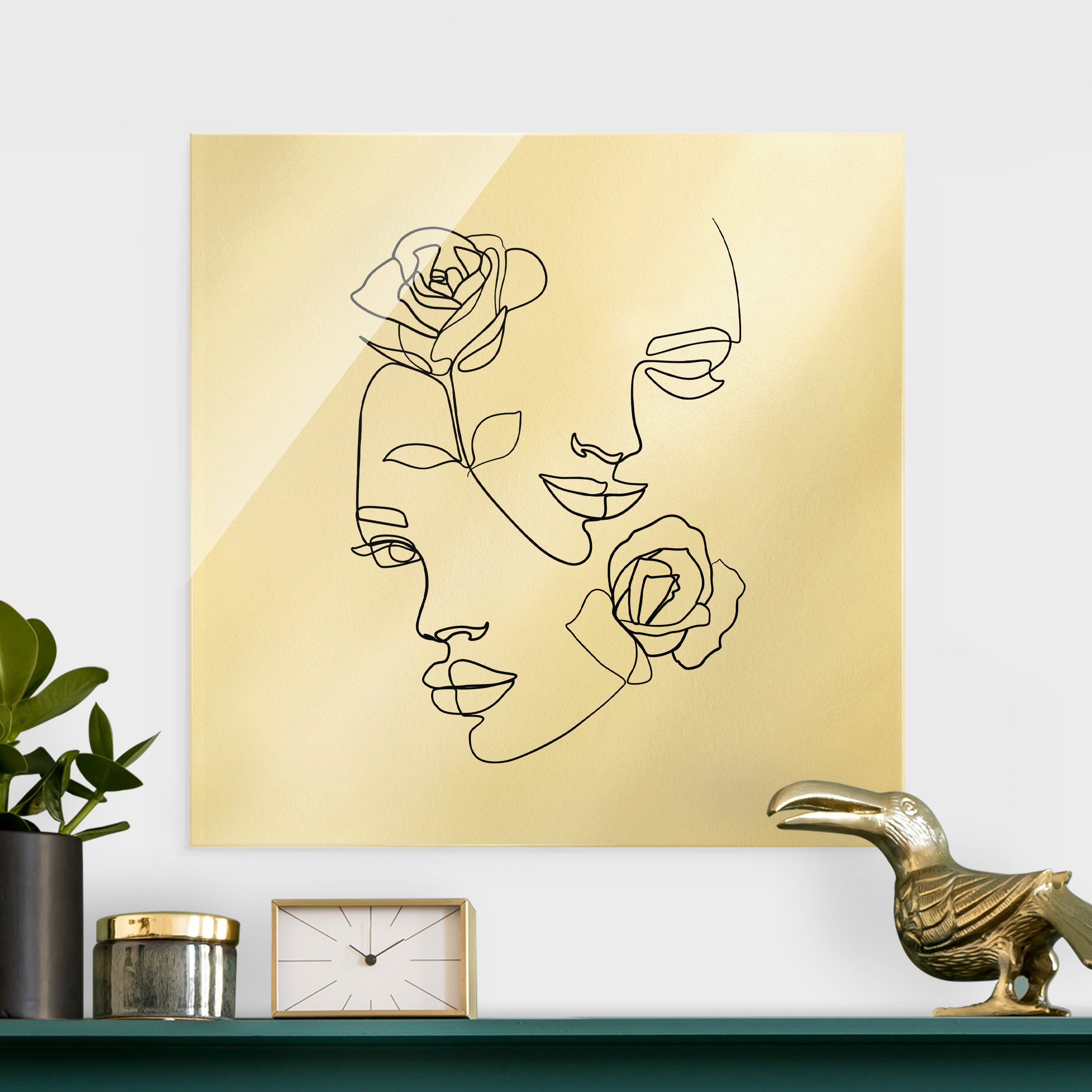 Glasbild Line Art Gesichter Frauen Rosen Schwarz Weiß