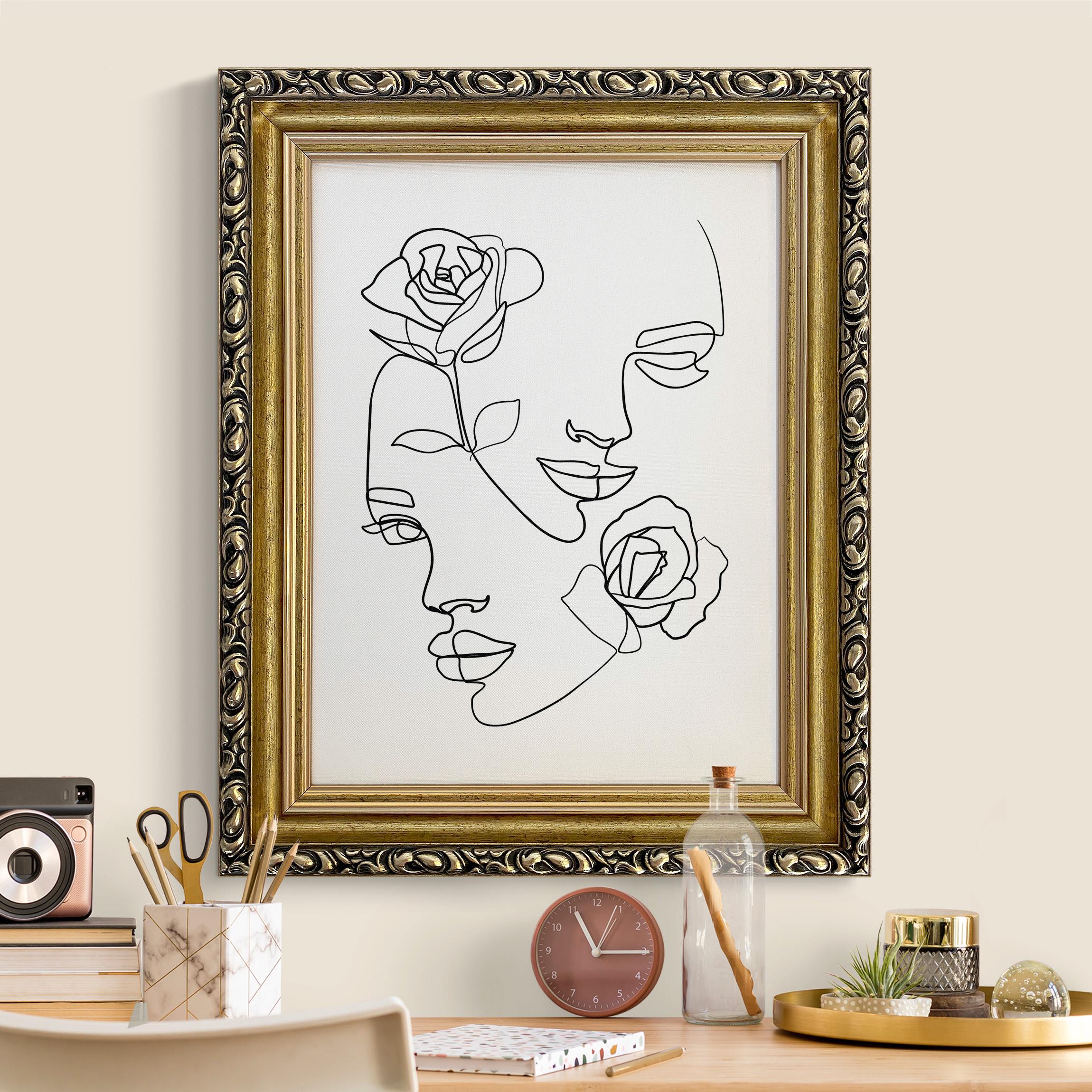 Leinwandbild in Barockrahmen Line Art Gesichter Frauen Rosen Schwarz Weiß