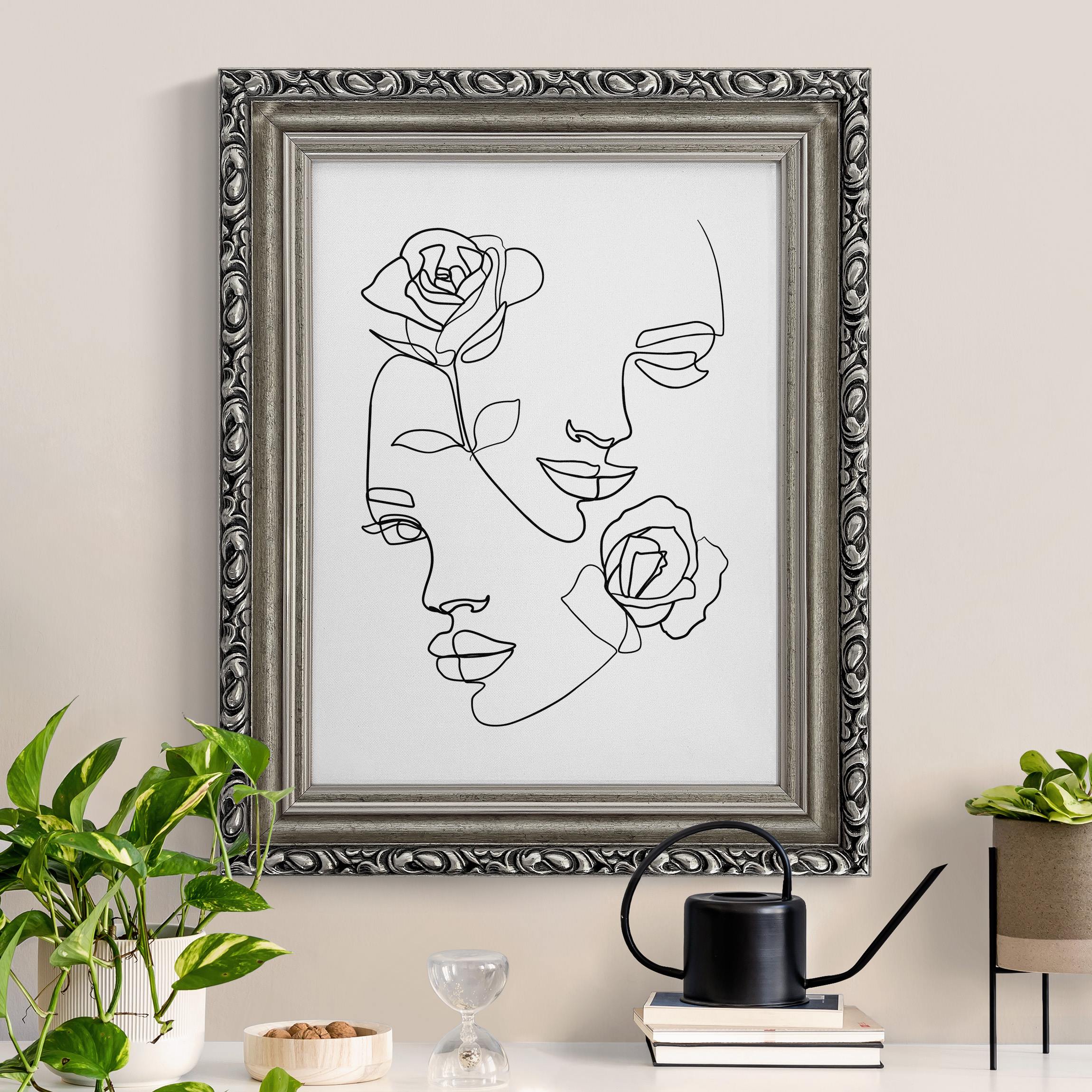 Leinwandbild in Barockrahmen Line Art Gesichter Frauen Rosen Schwarz Weiß