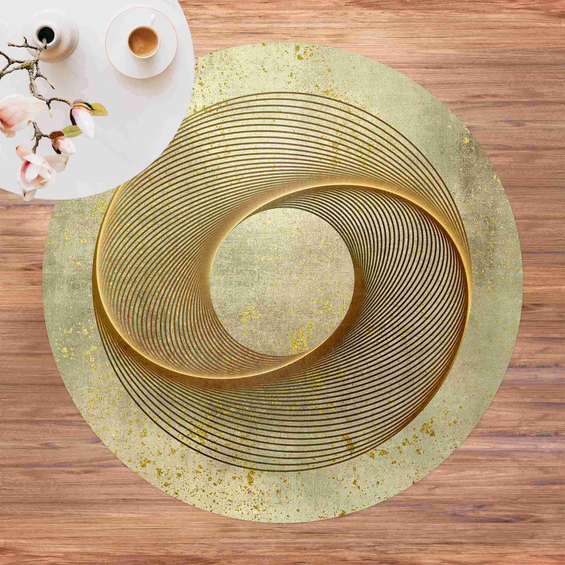 Runder Vinyl-Teppich Line Art Kreisspirale Gold