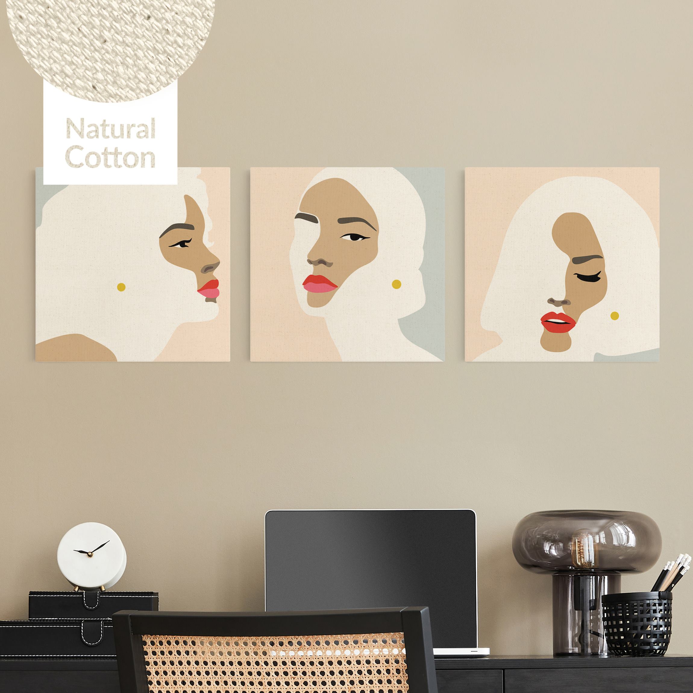 Leinwandbild 3-teilig Line Art Portrait Frauen Pastell Set