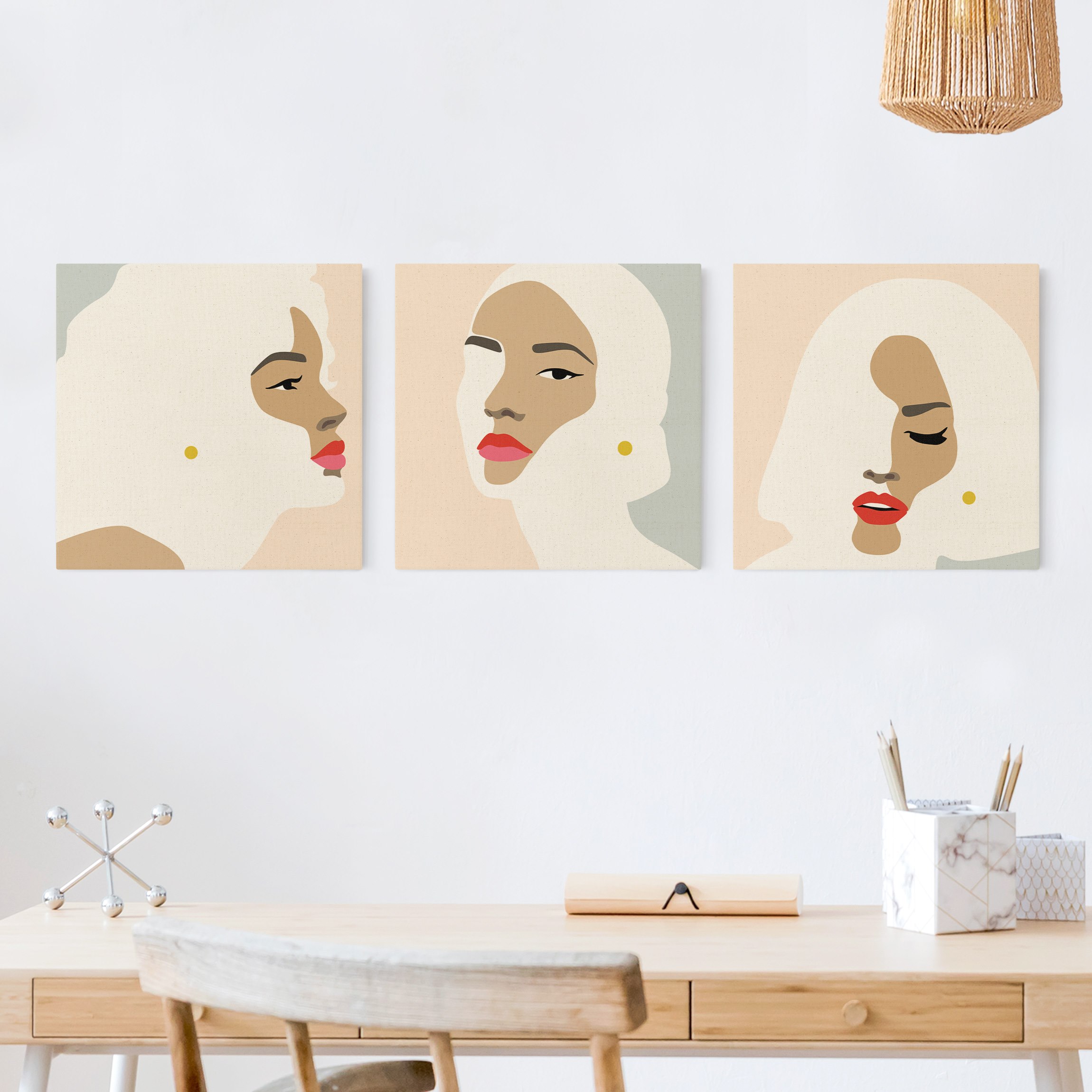 3-teiliges Leinwandbild Line Art Portrait Frauen Pastell Set