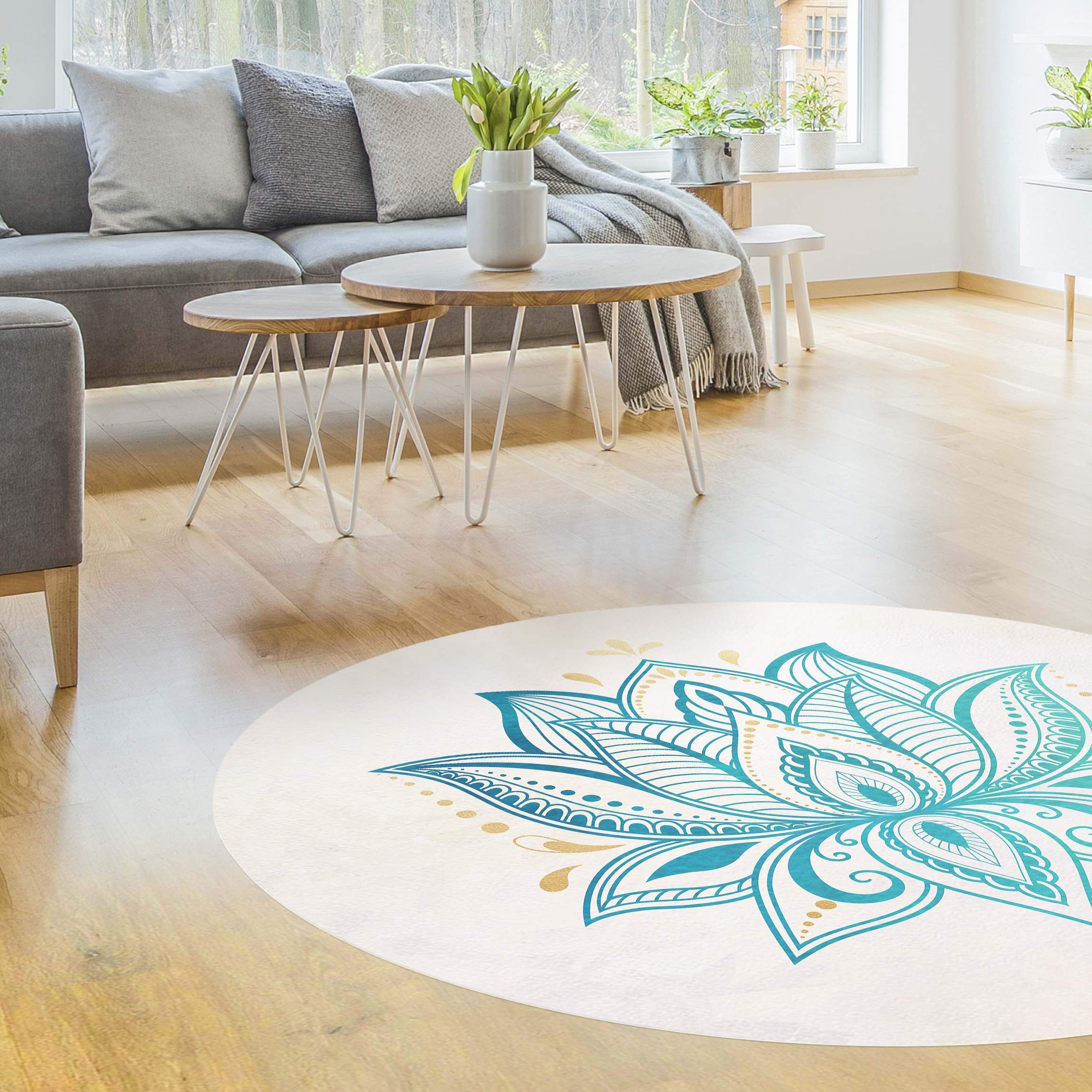 Runder Vinyl-Teppich Lotus Illustration Mandala gold blau