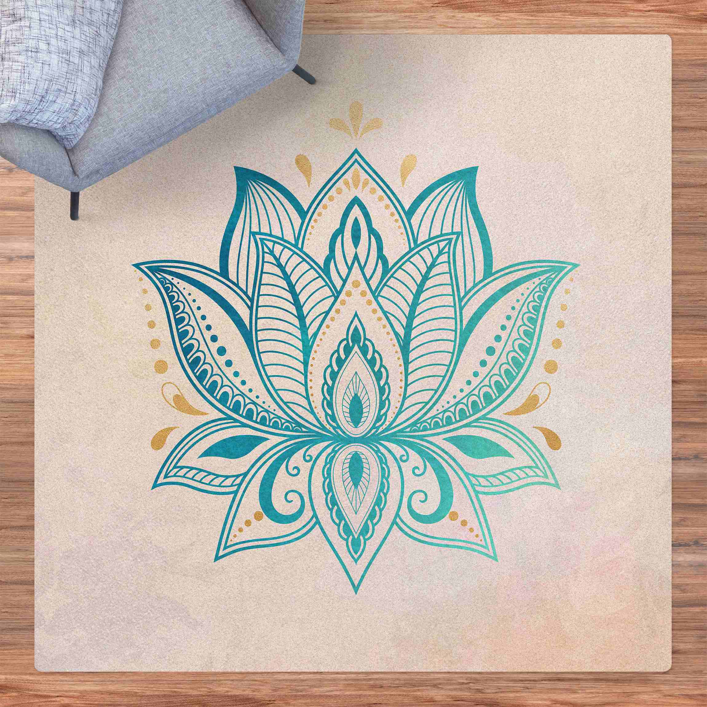 Kork-Teppich Lotus Illustration Mandala gold blau