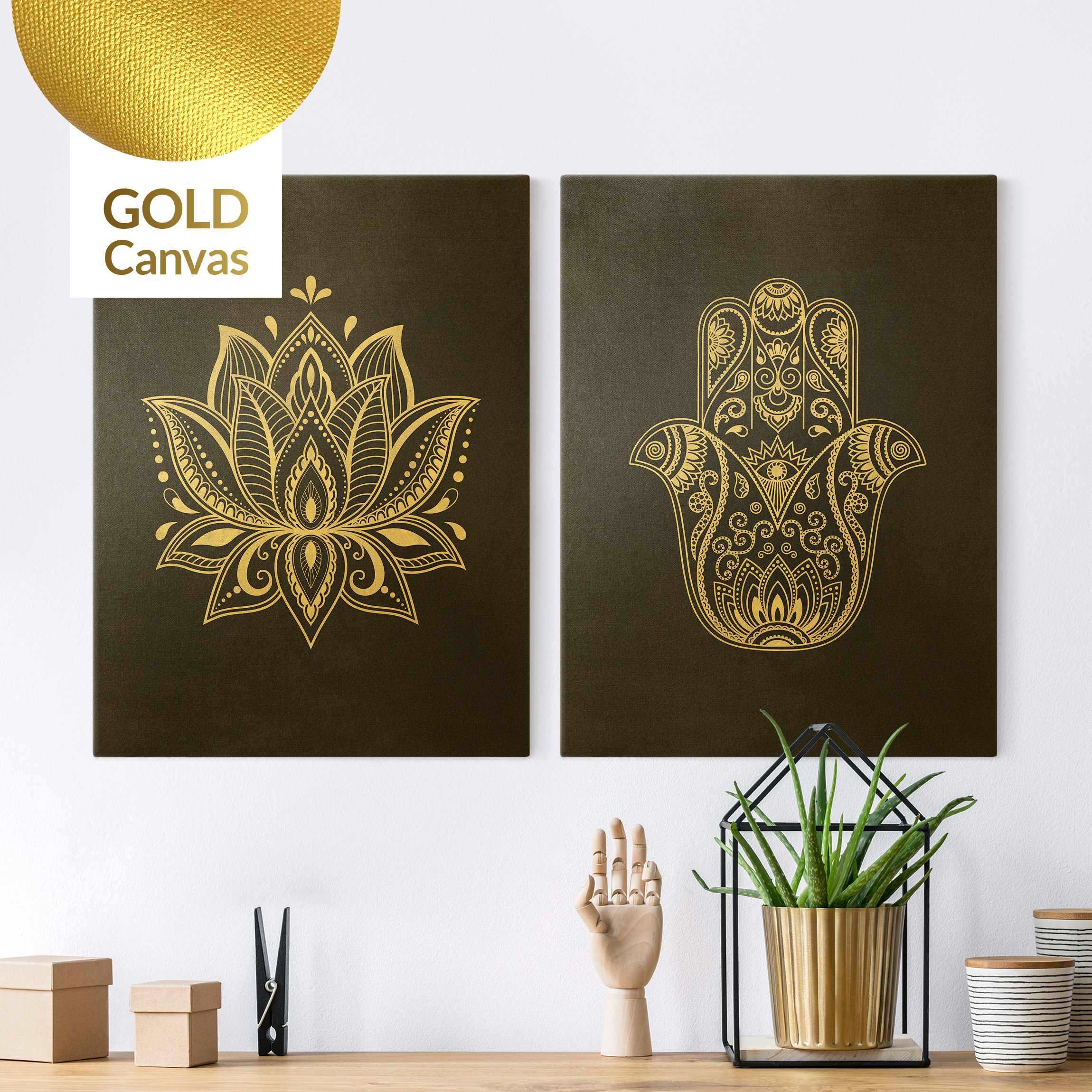 2-teiliges Leinwandbild Lotus Illustration und Hamsa Hand Set