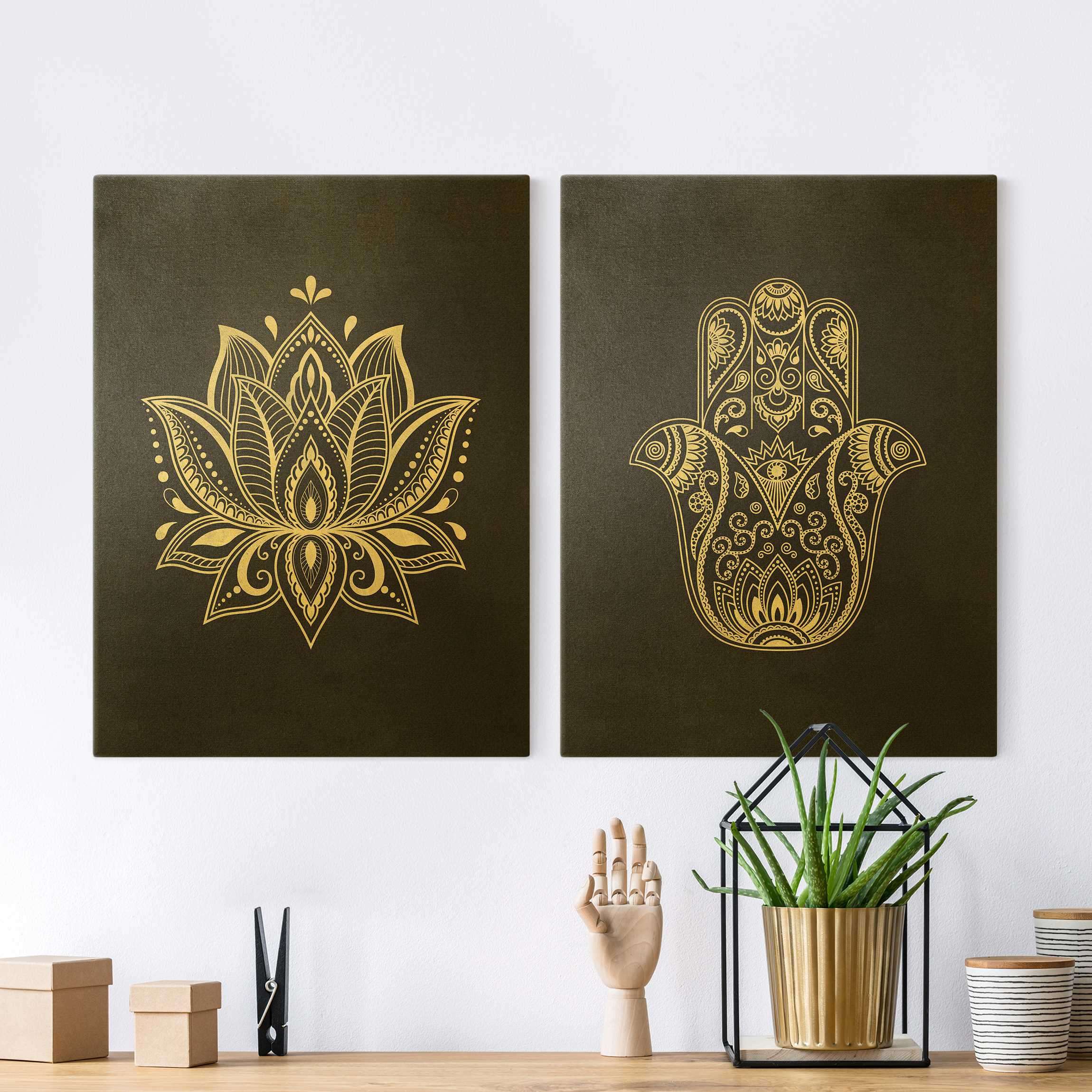 2-teiliges Leinwandbild Lotus Illustration und Hamsa Hand Set