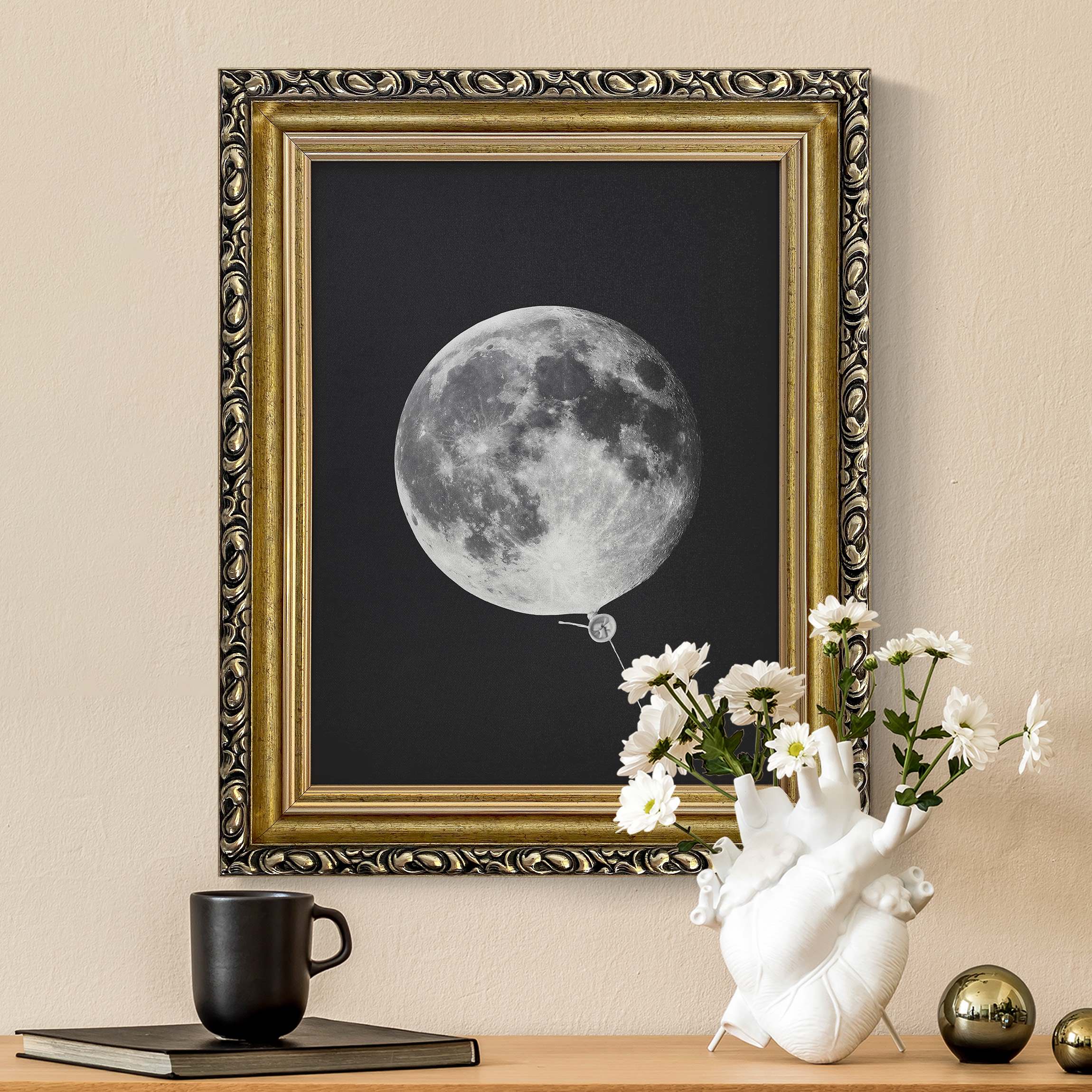 Leinwandbild in Barockrahmen Luftballon mit Mond