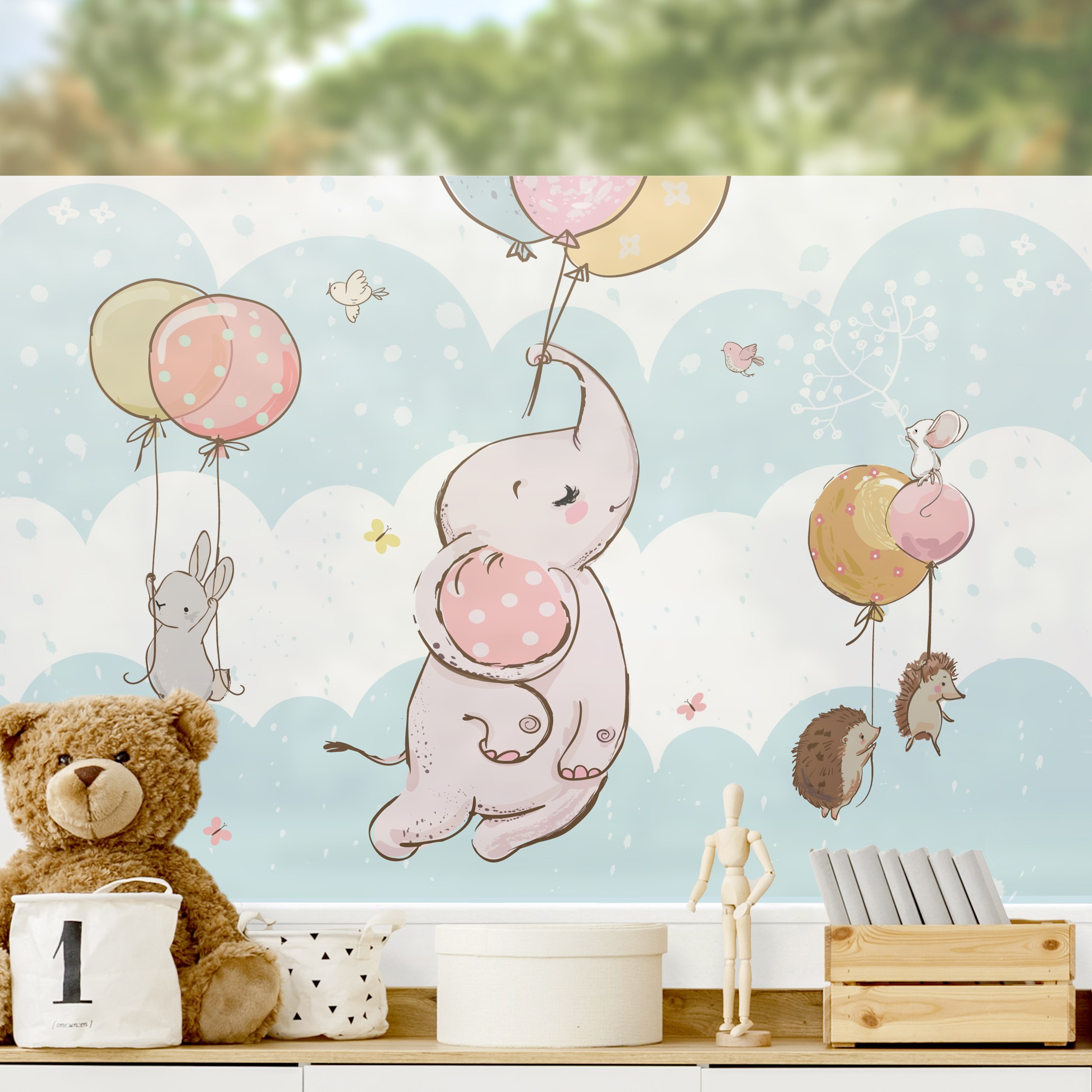 Fensterfolie Luftballon Wolken Tiere - Elefant