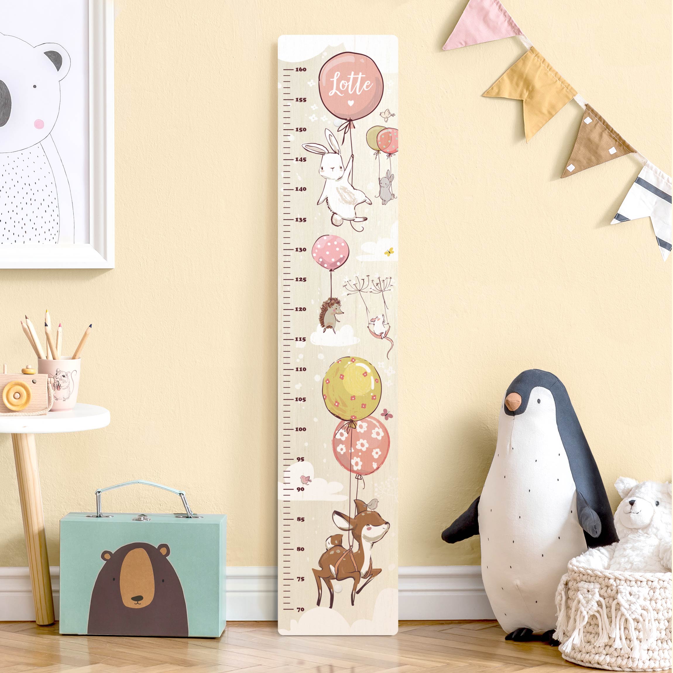 Kindermesslatte Holz Luftballon Wolken Tiere mit Wunschname