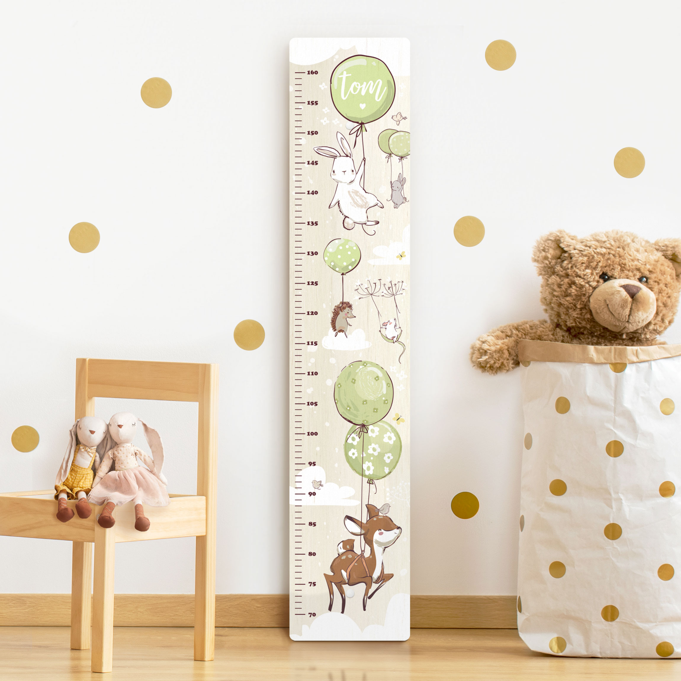 Kindermesslatte Luftballon Wolken Tiere mit Wunschname grün