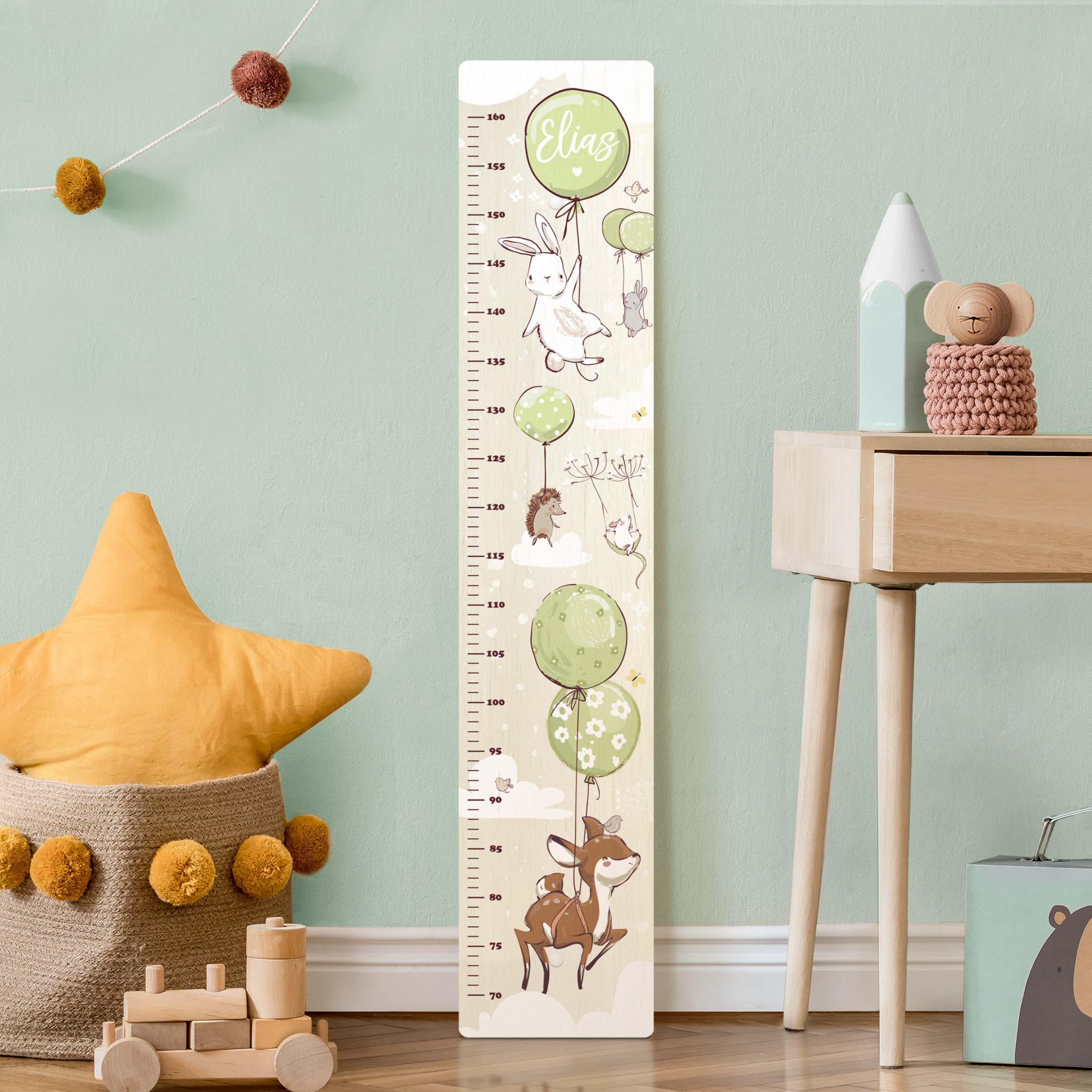 Kindermesslatte Luftballon Wolken Tiere mit Wunschname grün