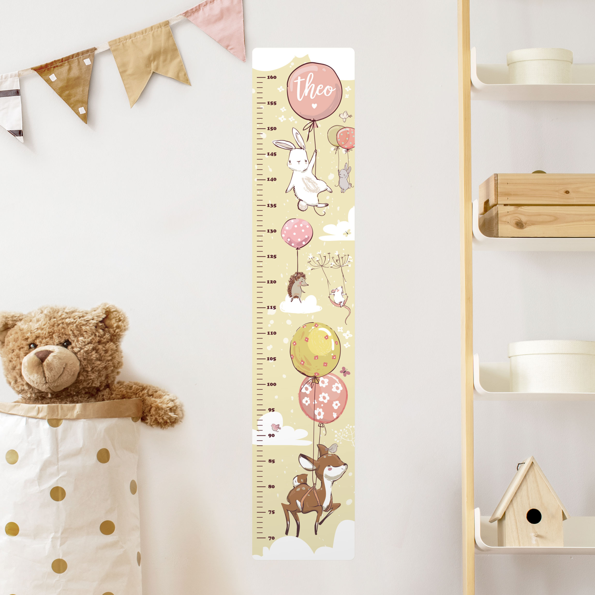 Kindermesslatte Wandtattoo Luftballon Wolken Tiere mit Wunschname