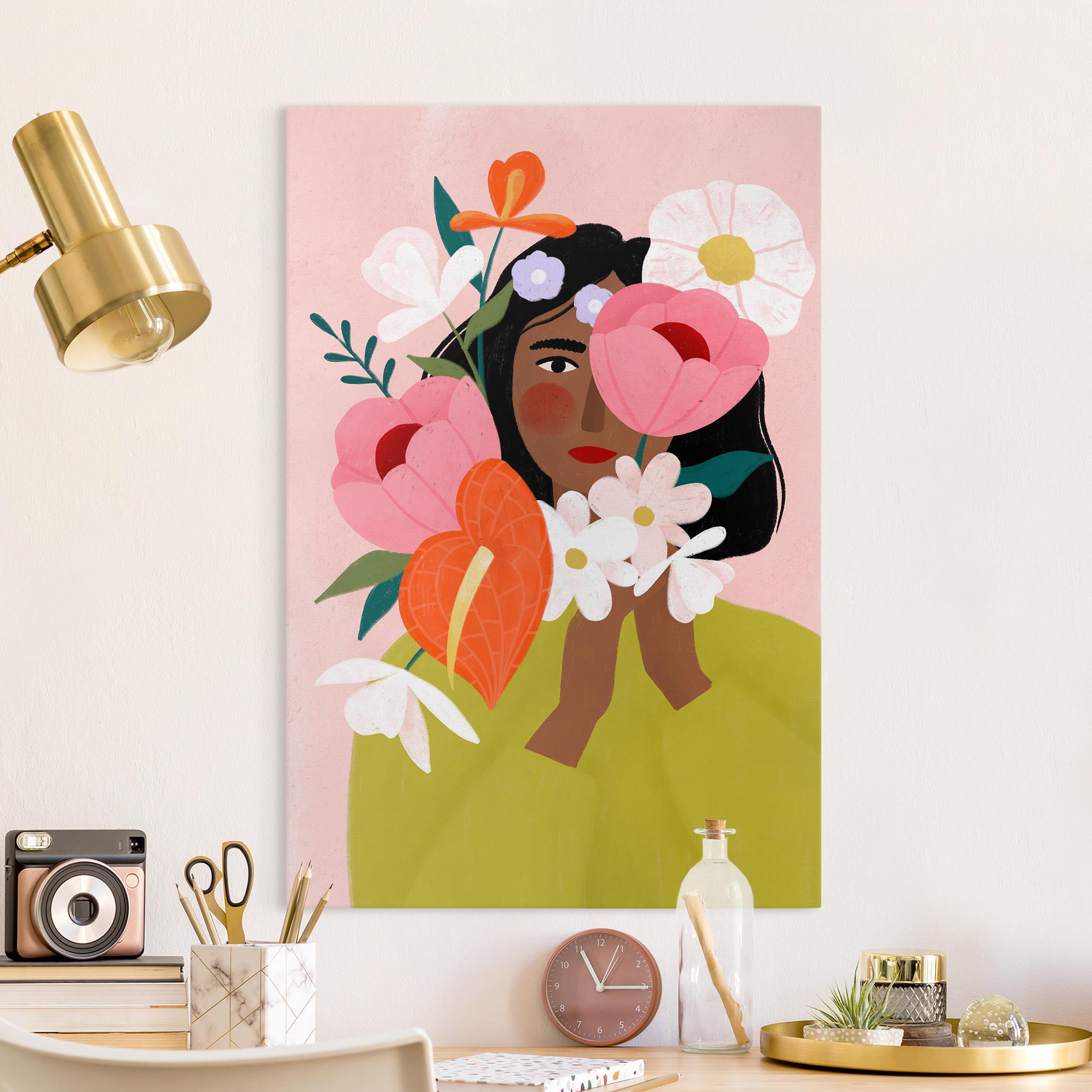 Leinwandbild Mädchen mit leuchtenden Blumen