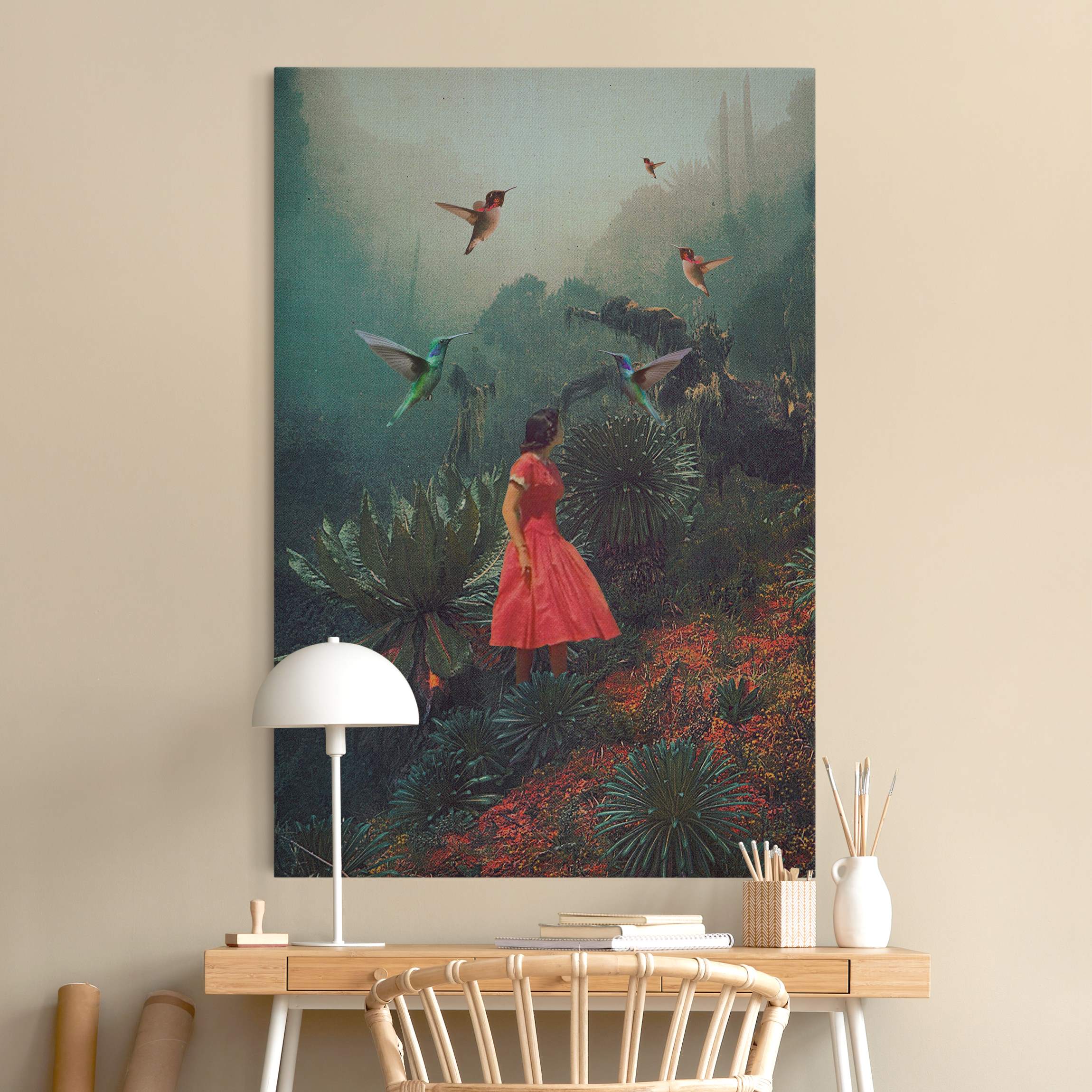 Akustikbild Mädchen mit riesigen Vögeln