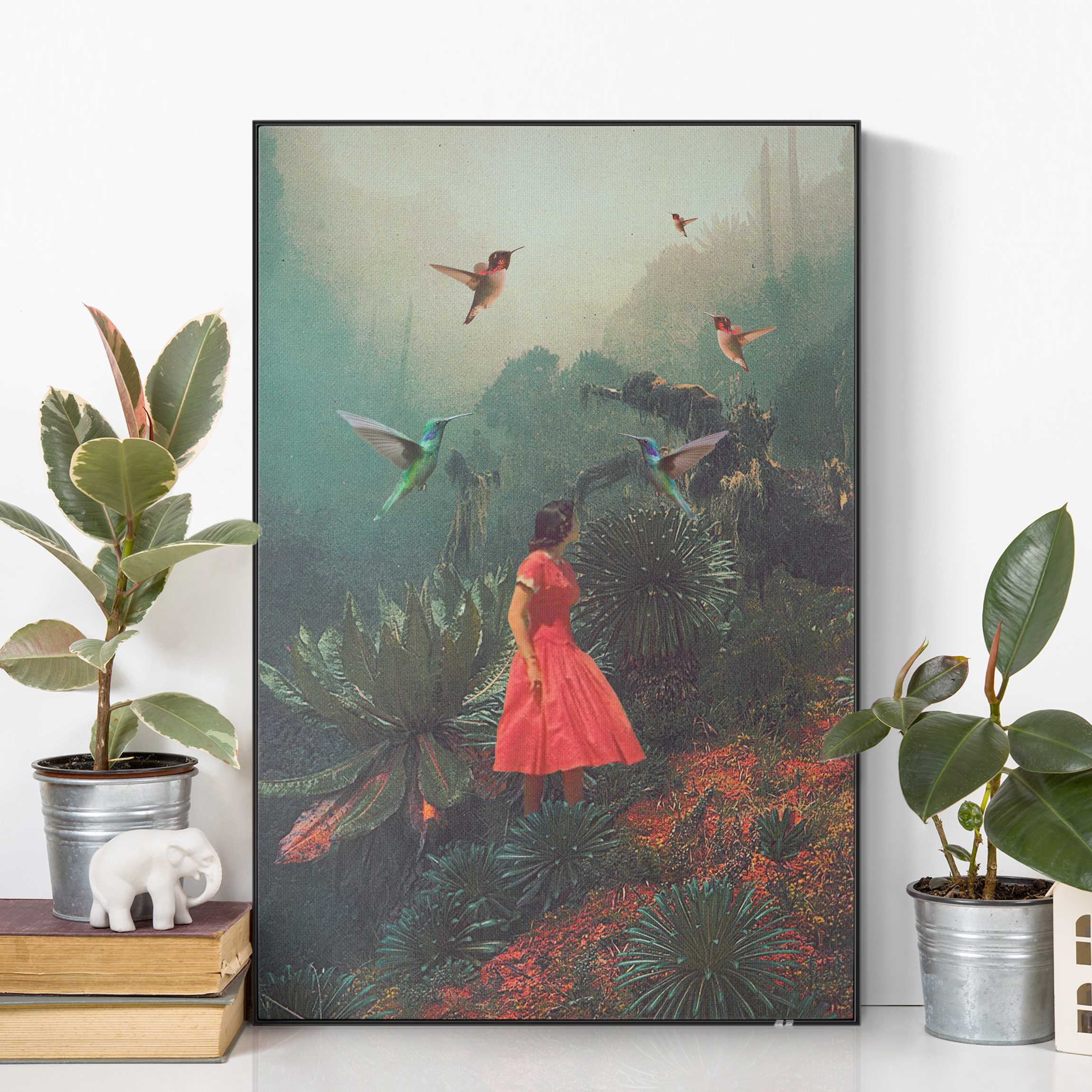 Akustik-Wechselbild Mädchen mit riesigen Vögeln