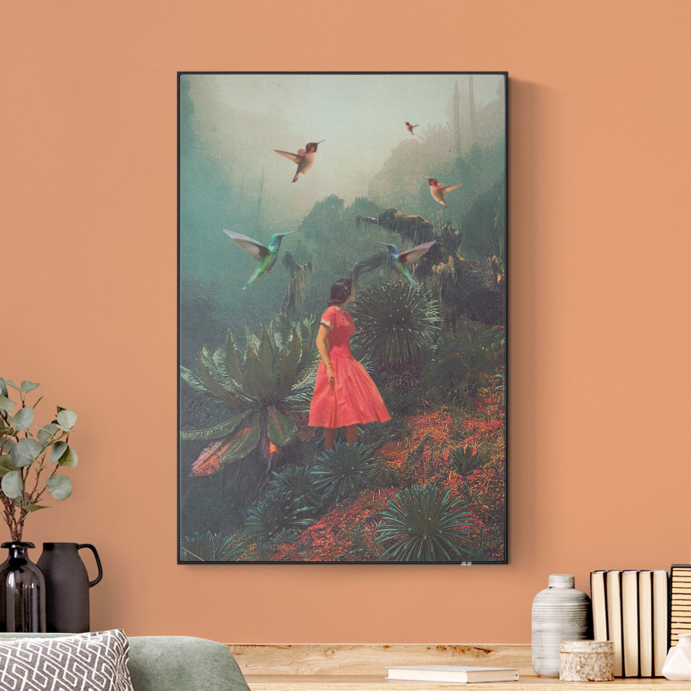 Akustik-Wechselbild Mädchen mit riesigen Vögeln