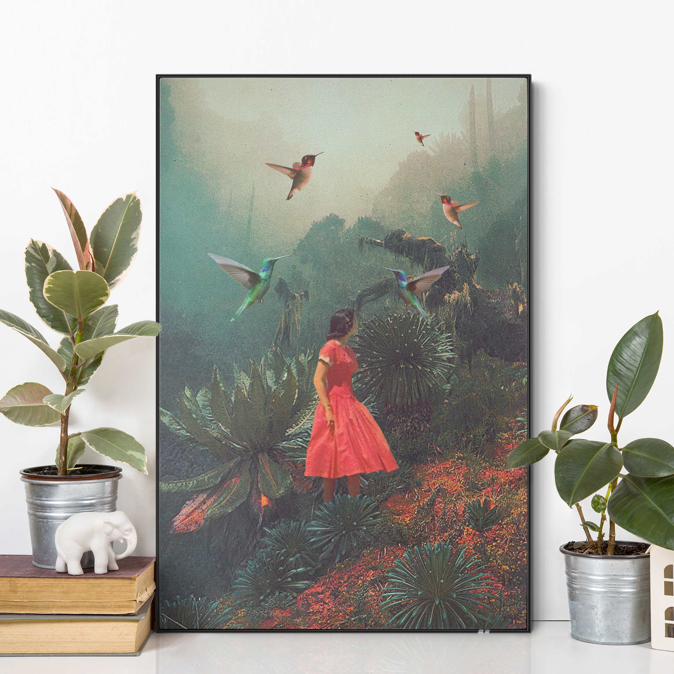 Wechselbild Mädchen mit riesigen Vögeln